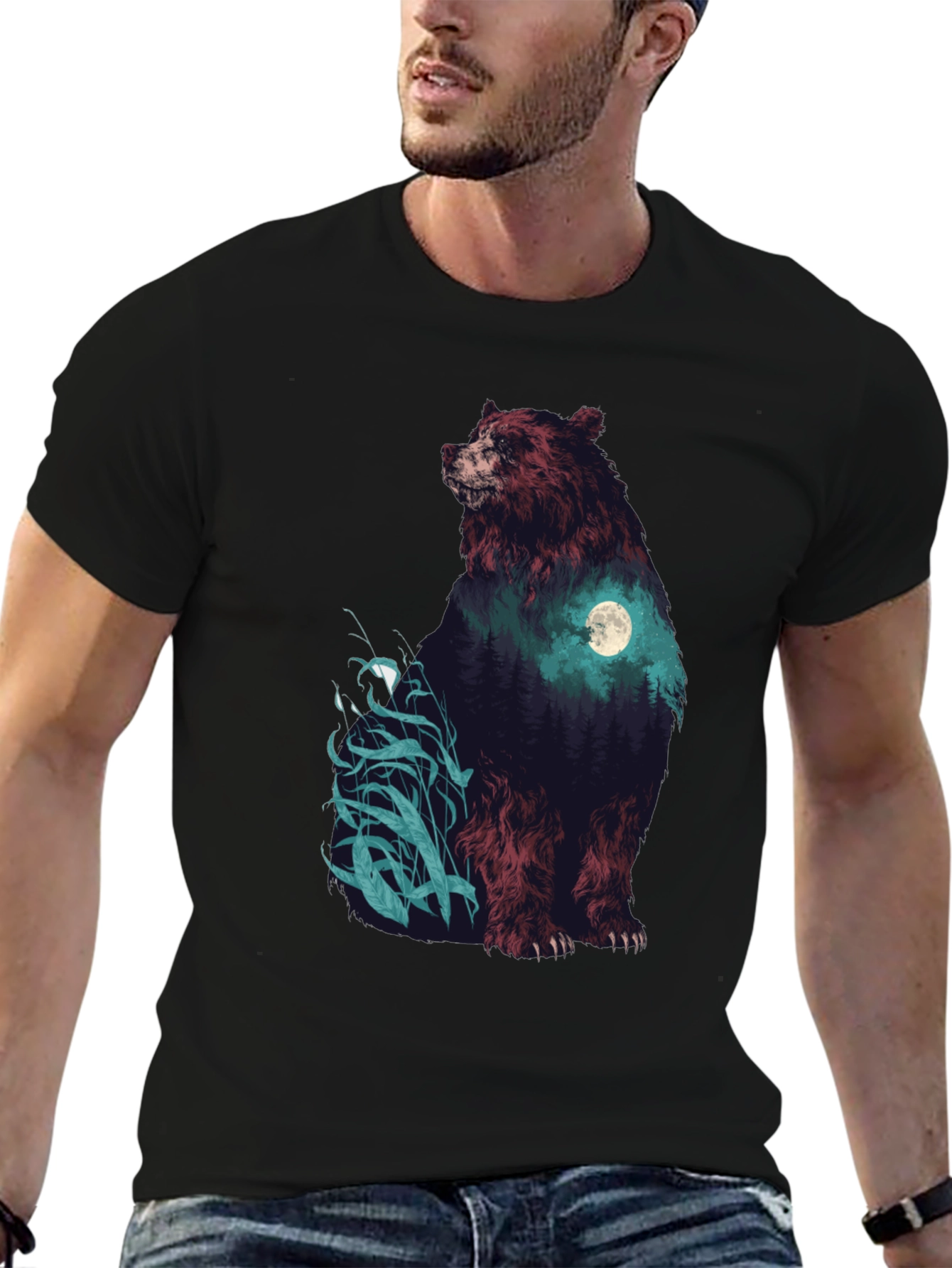 Black Bear Forest Moon Graphic T-Shirt view 6