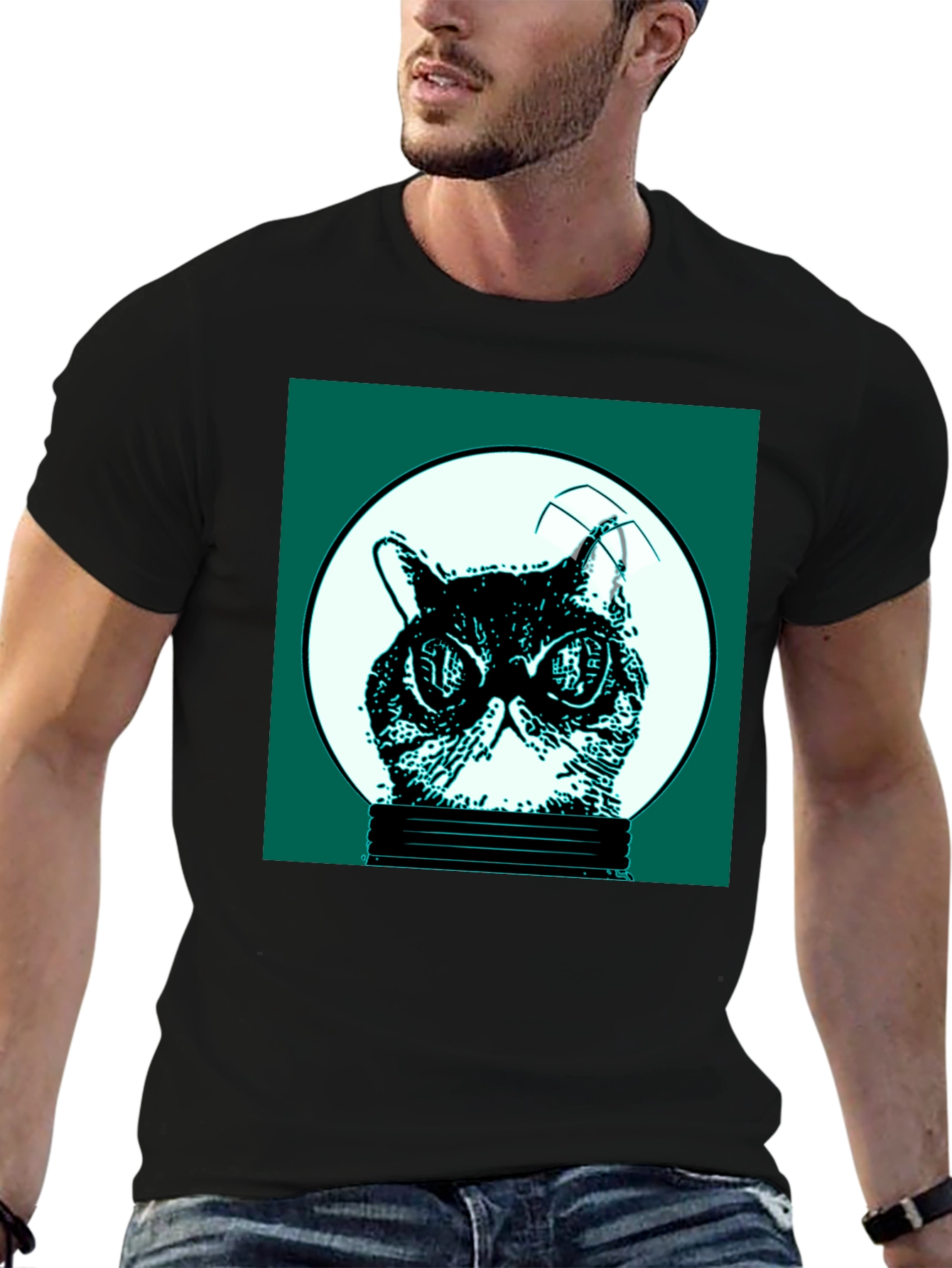 Black Cool Cat in Bulb Graphic Tee view 6