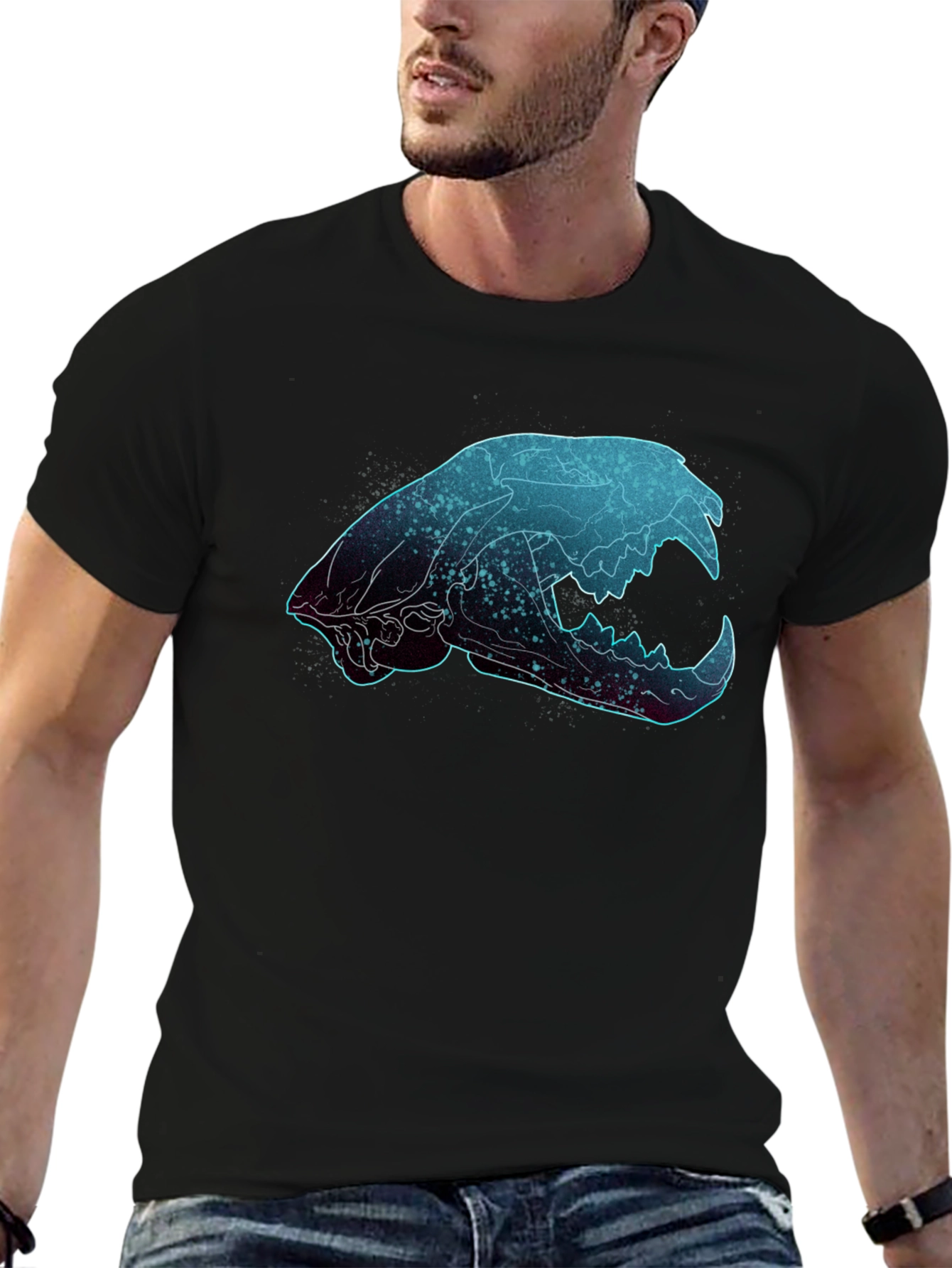 Black Galaxy Cat Skull Graphic T-Shirt view 6