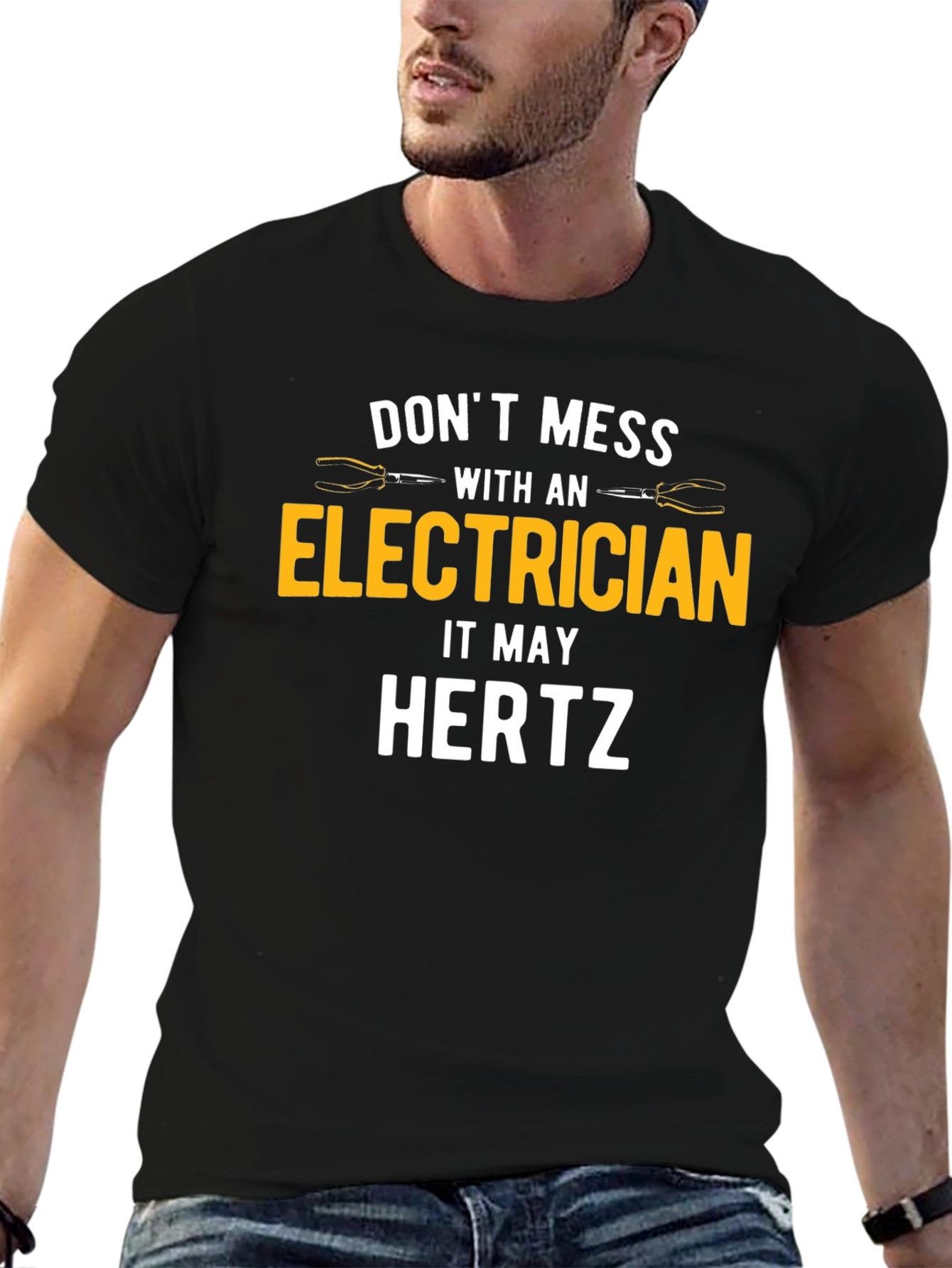 Black Electrician Humor T-Shirt - Don't Mess With An Electrician, It May Hertz view 6