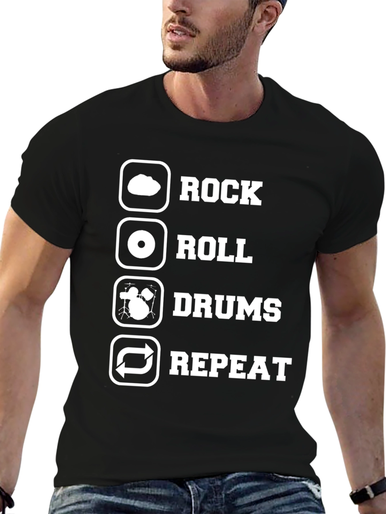 Black Rock Roll Drums Repeat T-Shirt - Musician Gift view 6