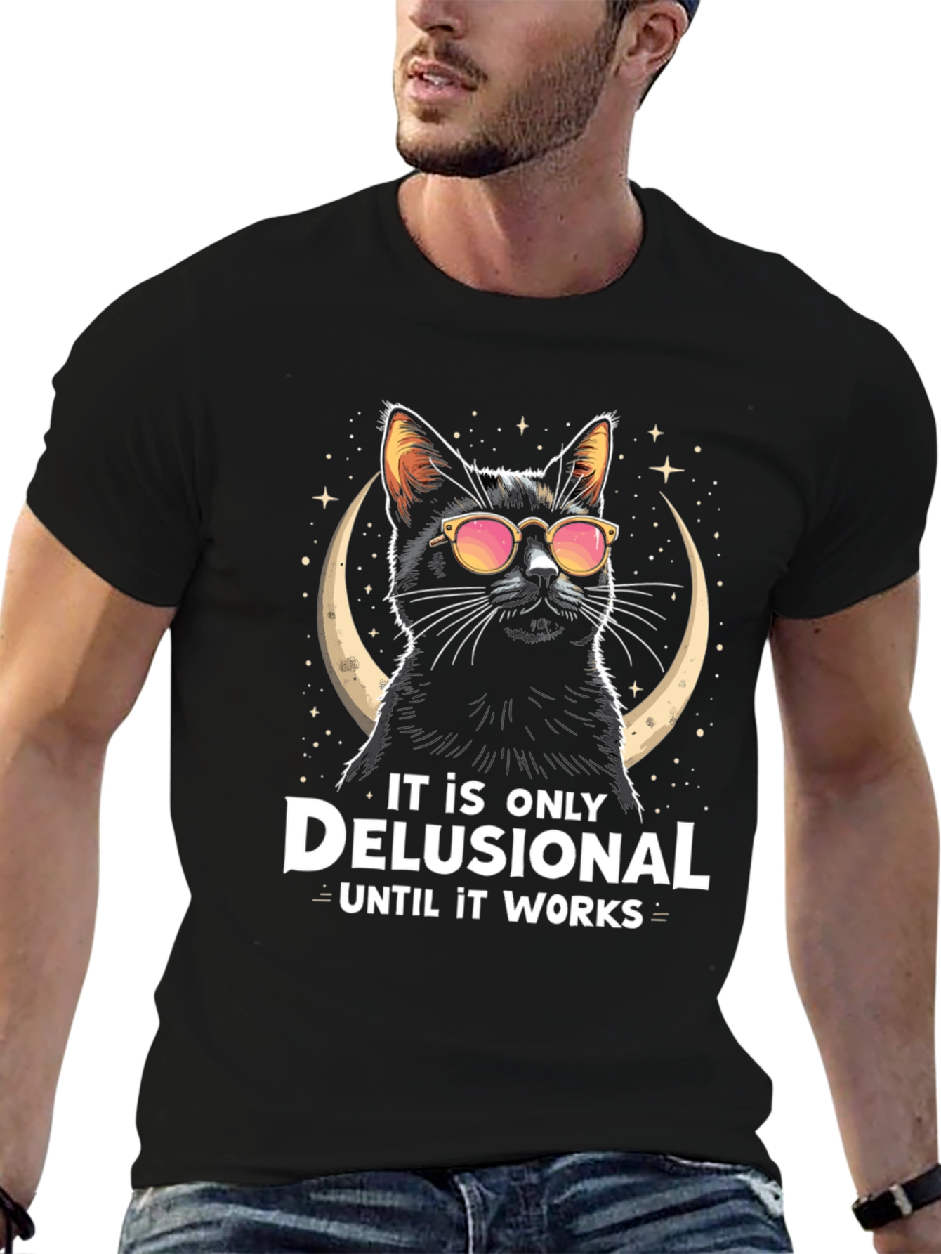 Black Delusional Cat T-Shirt - Funny Novelty Tee view 6