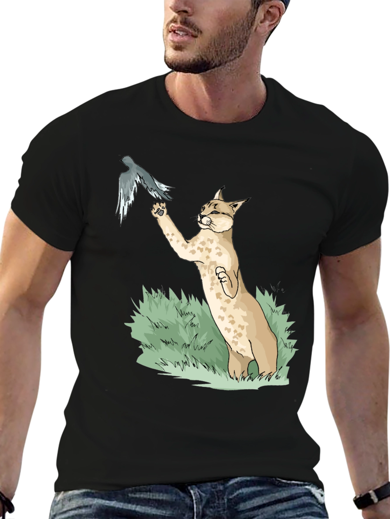 Lynx & Bird Graphic Tee - Black Cotton Blend T-Shirt - 6