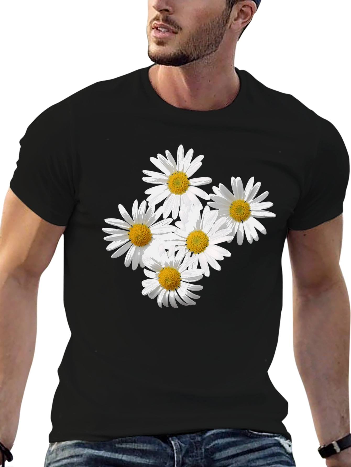 Black Daisy Flower Graphic Black T-Shirt view 6