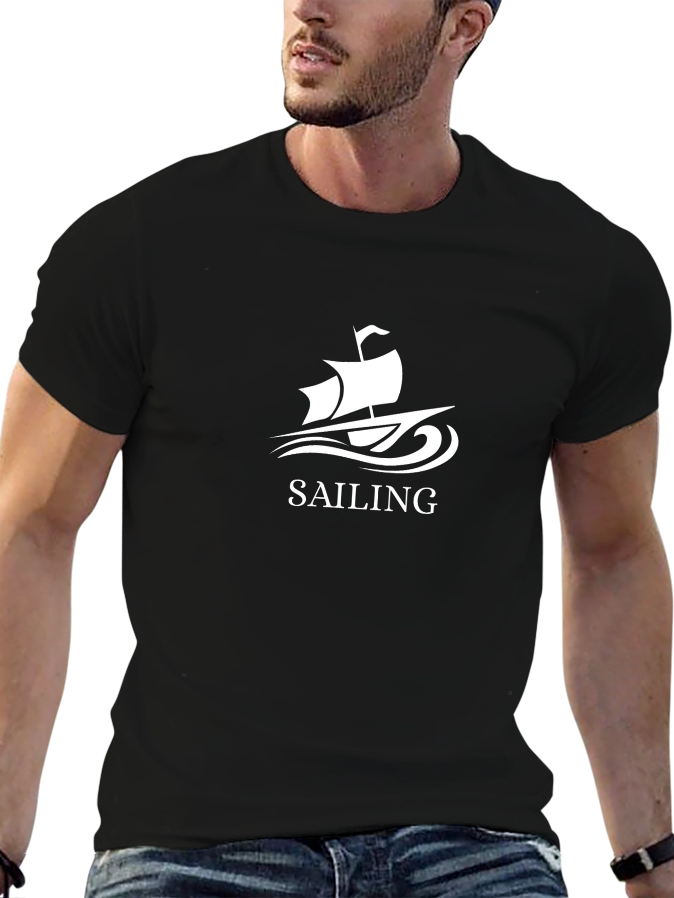 Black Sailing T-Shirt - Black Cotton Tee with Boat Graphic view 6