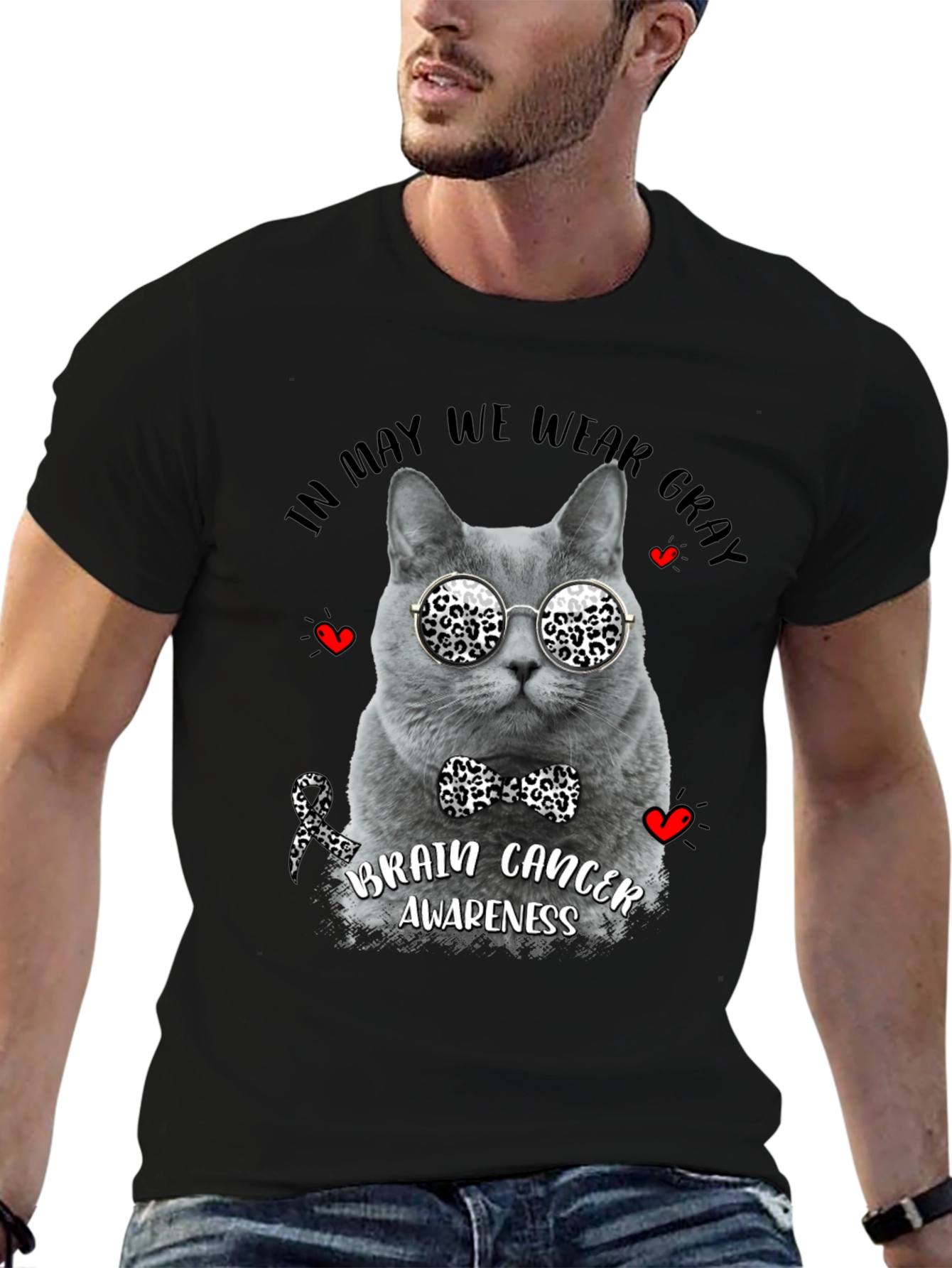 Black Gray Cat Brain Cancer Awareness T-Shirt view 6
