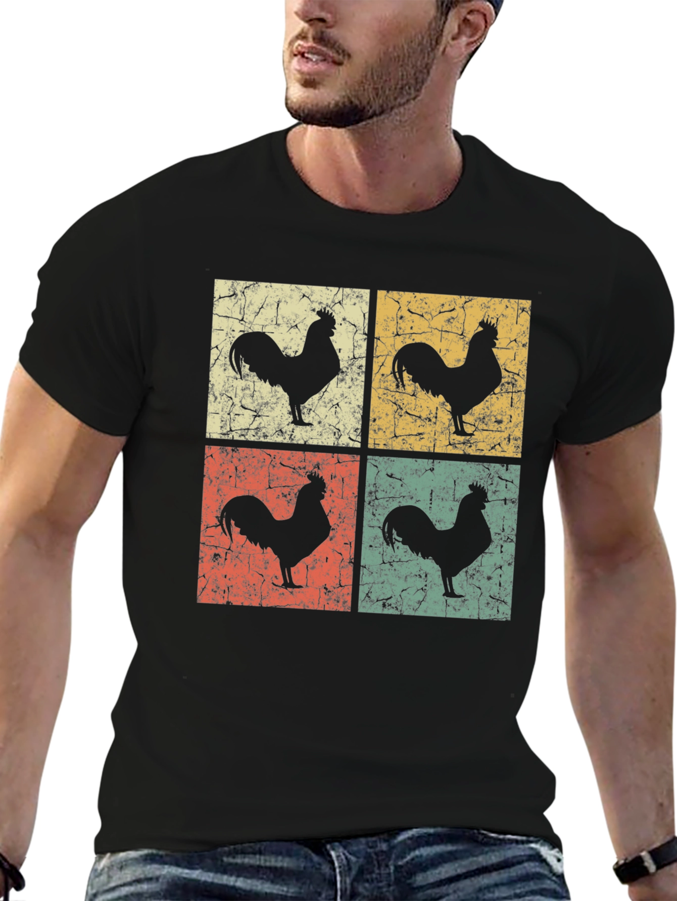 Black Vintage Rooster Graphic T-Shirt - Retro Chicken Design view 6