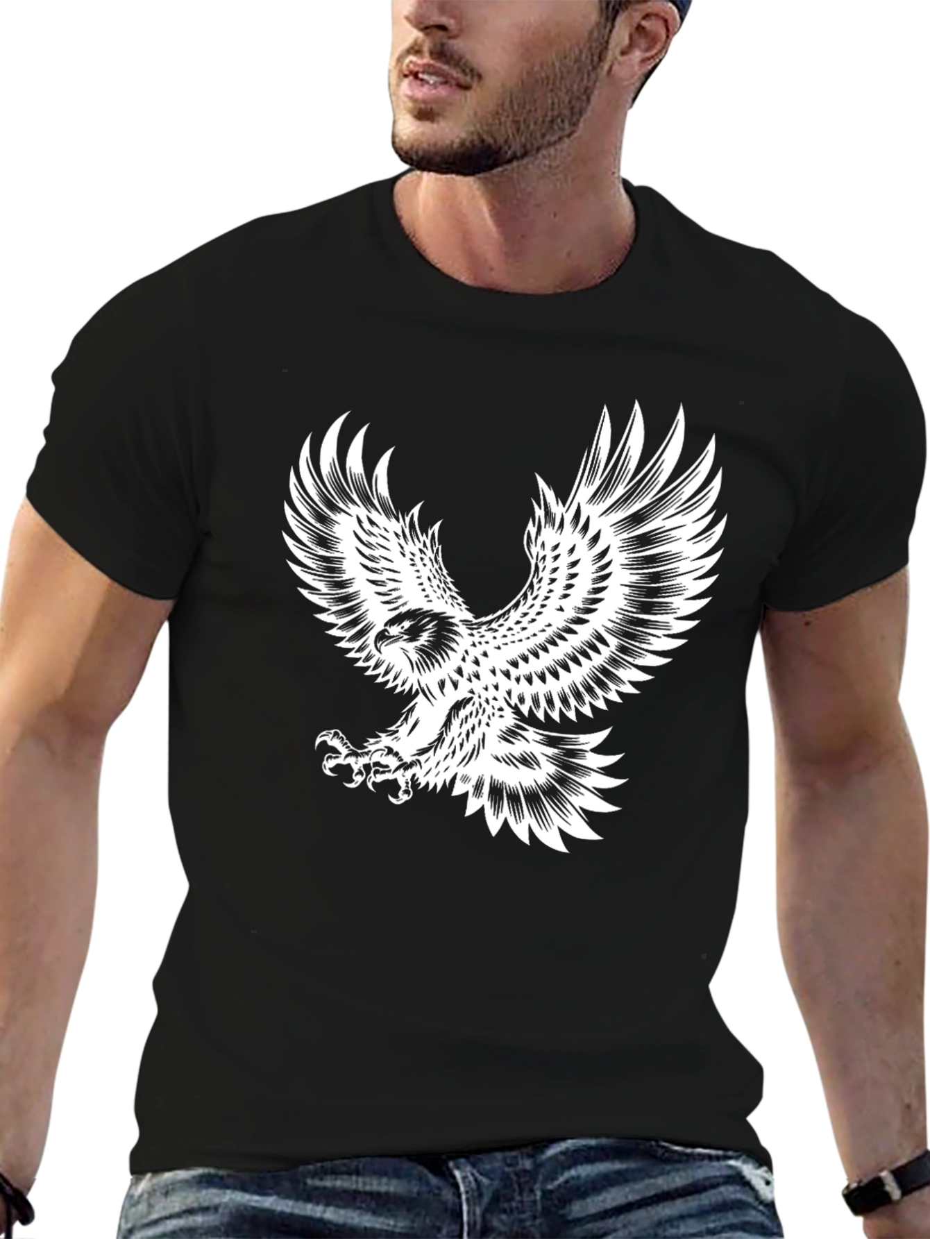 Black Men's Black T-Shirt with Eagle Graphic view 6