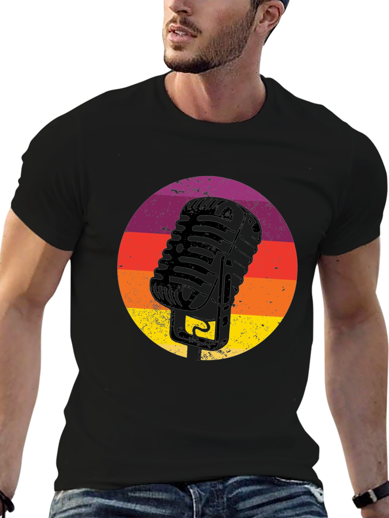Black Retro Microphone T-Shirt - Vintage Vocal Style view 6