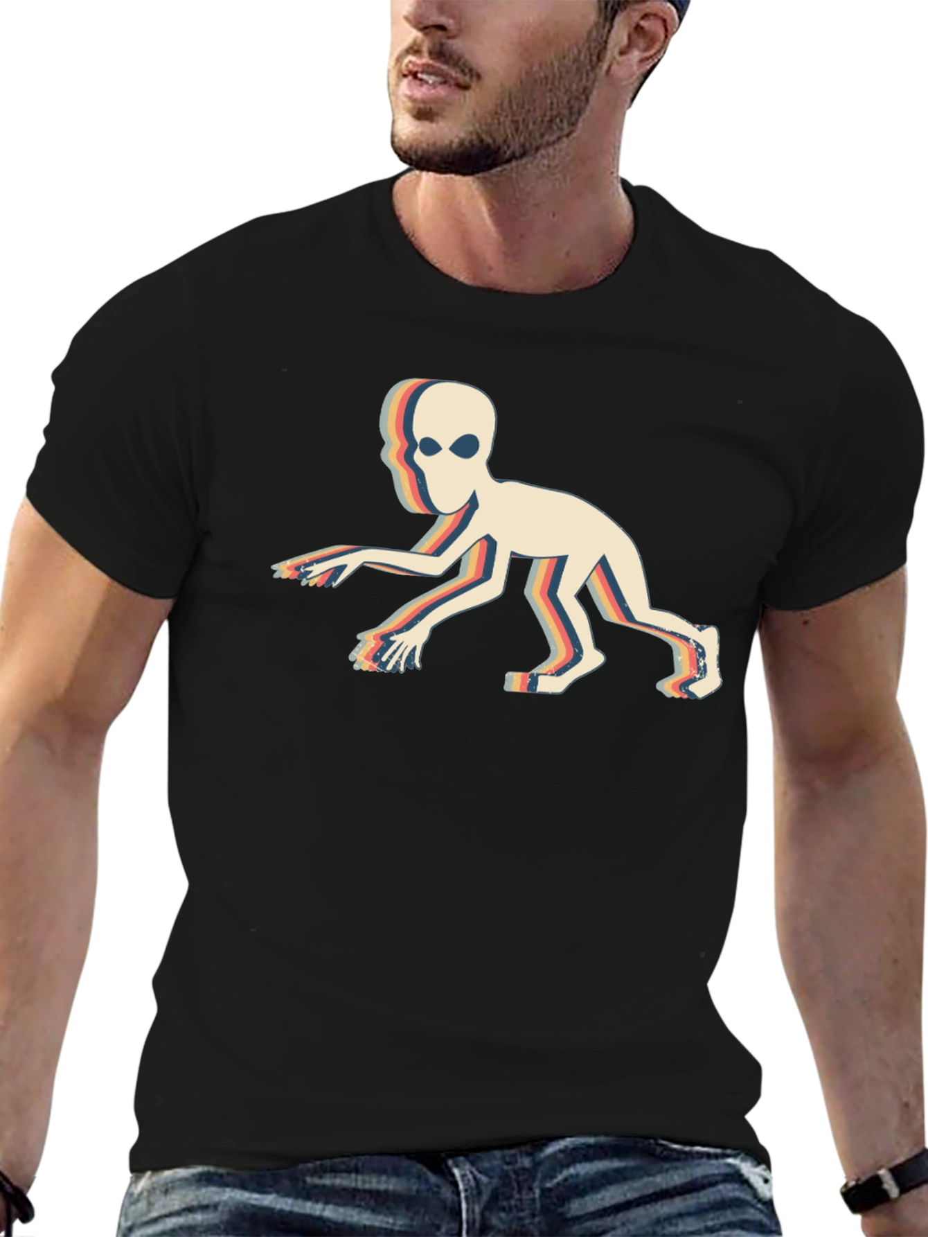 Black Retro Alien Crawl T-Shirt - Vintage Sci-Fi Design view 6