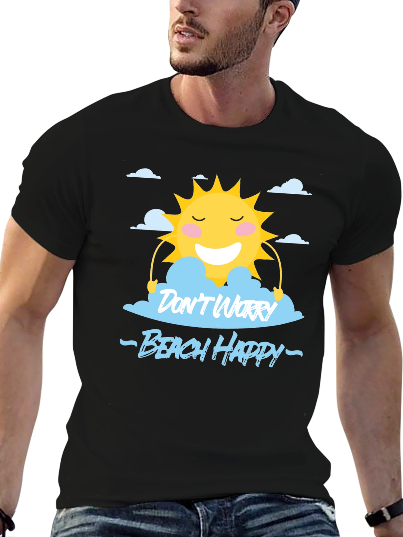 Black Don't Worry Beach Happy Black T-Shirt view 6