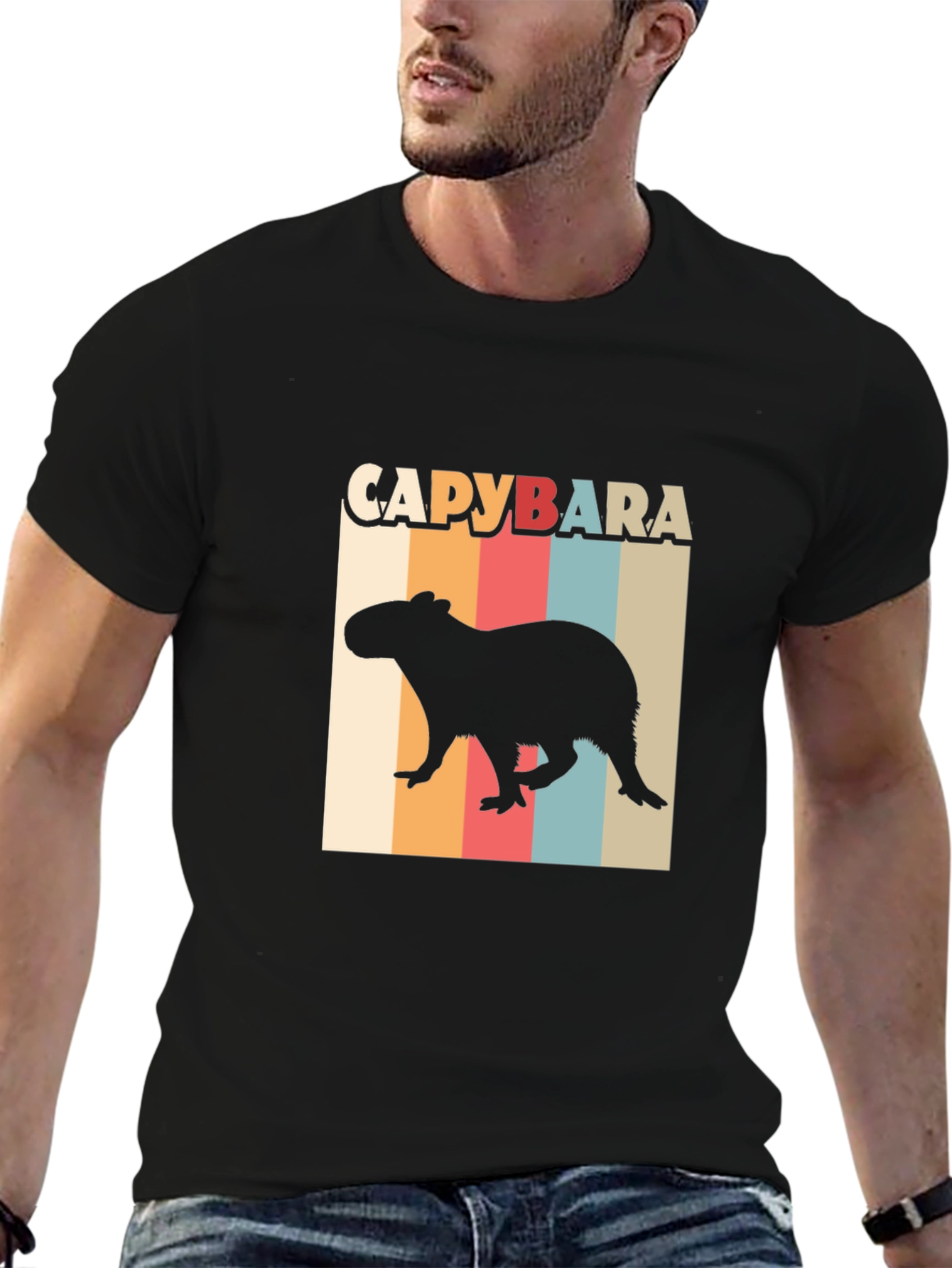 Black Capybara Retro Style T-Shirt view 6