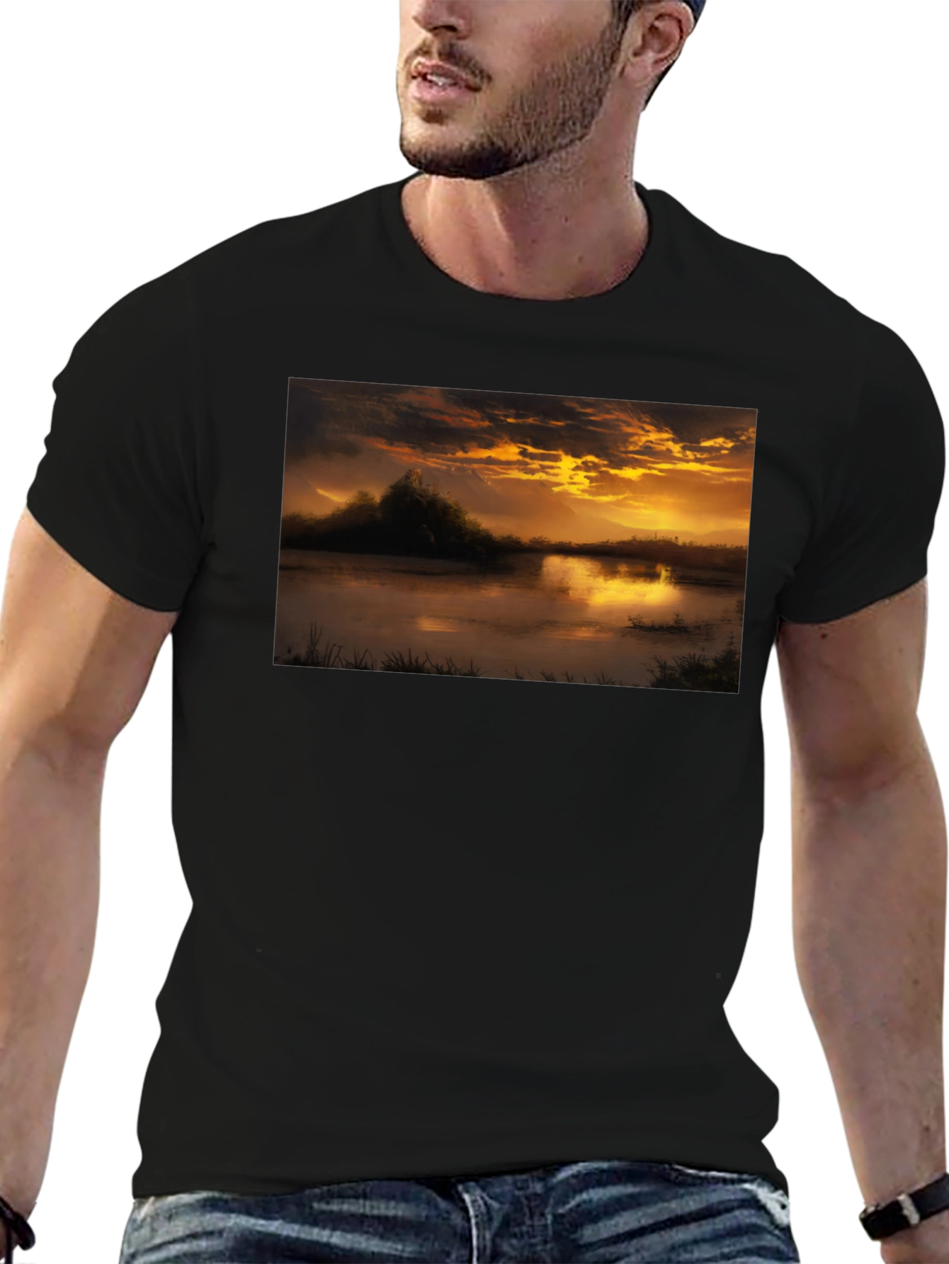 Black Sunset Lake Graphic Tee - Black Cotton Blend view 6
