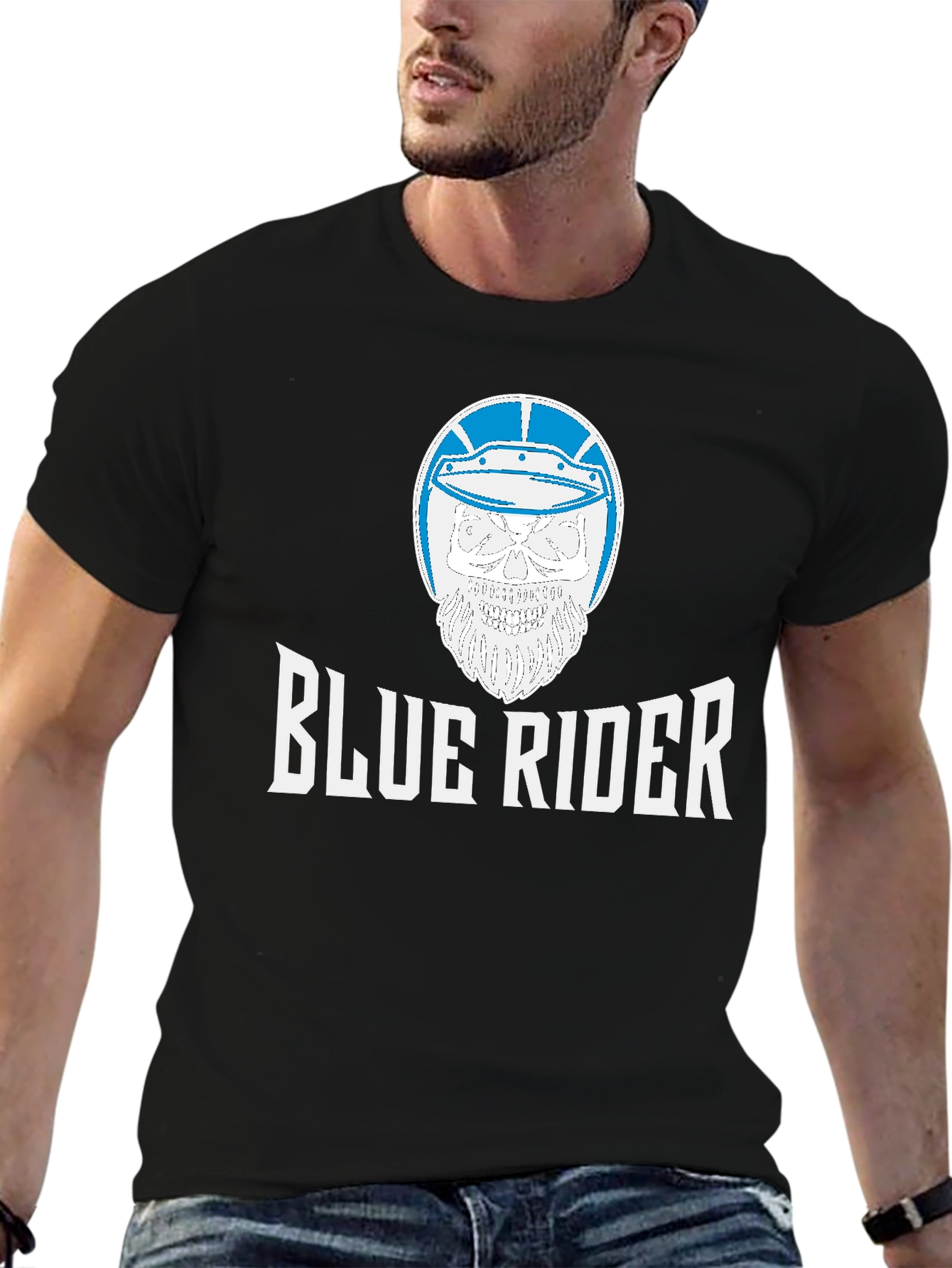 Black Blue Rider Graphic T-Shirt - Skull & Helmet Design view 6