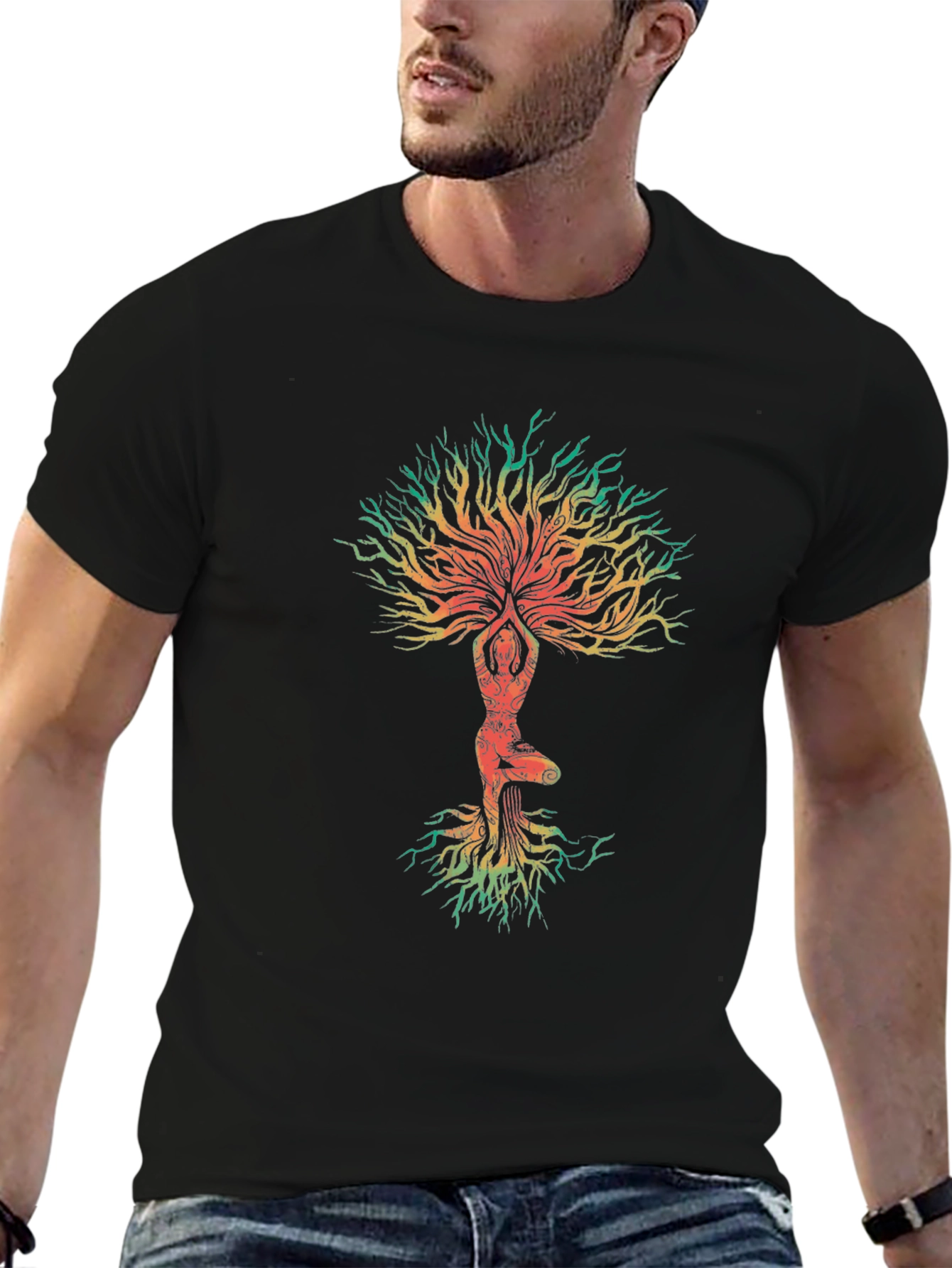 Black Tree of Life Yoga Graphic Tee - Black Cotton Blend view 6