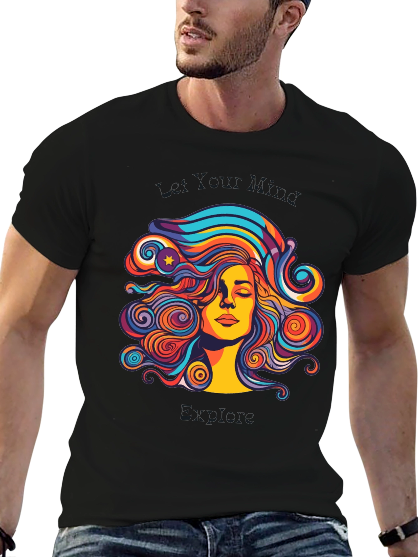 Black Psychedelic Woman Graphic Black T-Shirt view 6