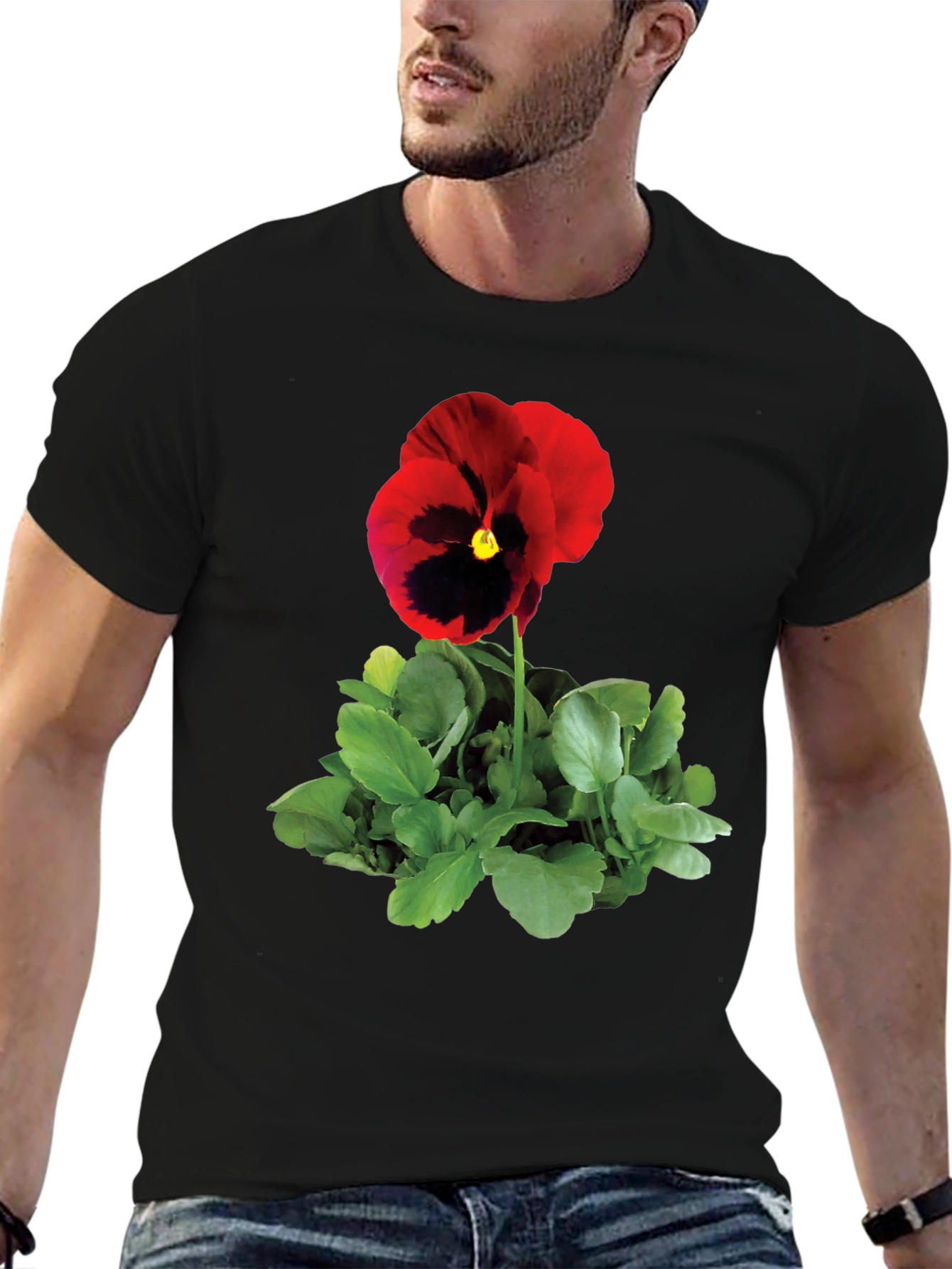 Black Pansy Flower Graphic Tee - Black Unisex T-Shirt view 6