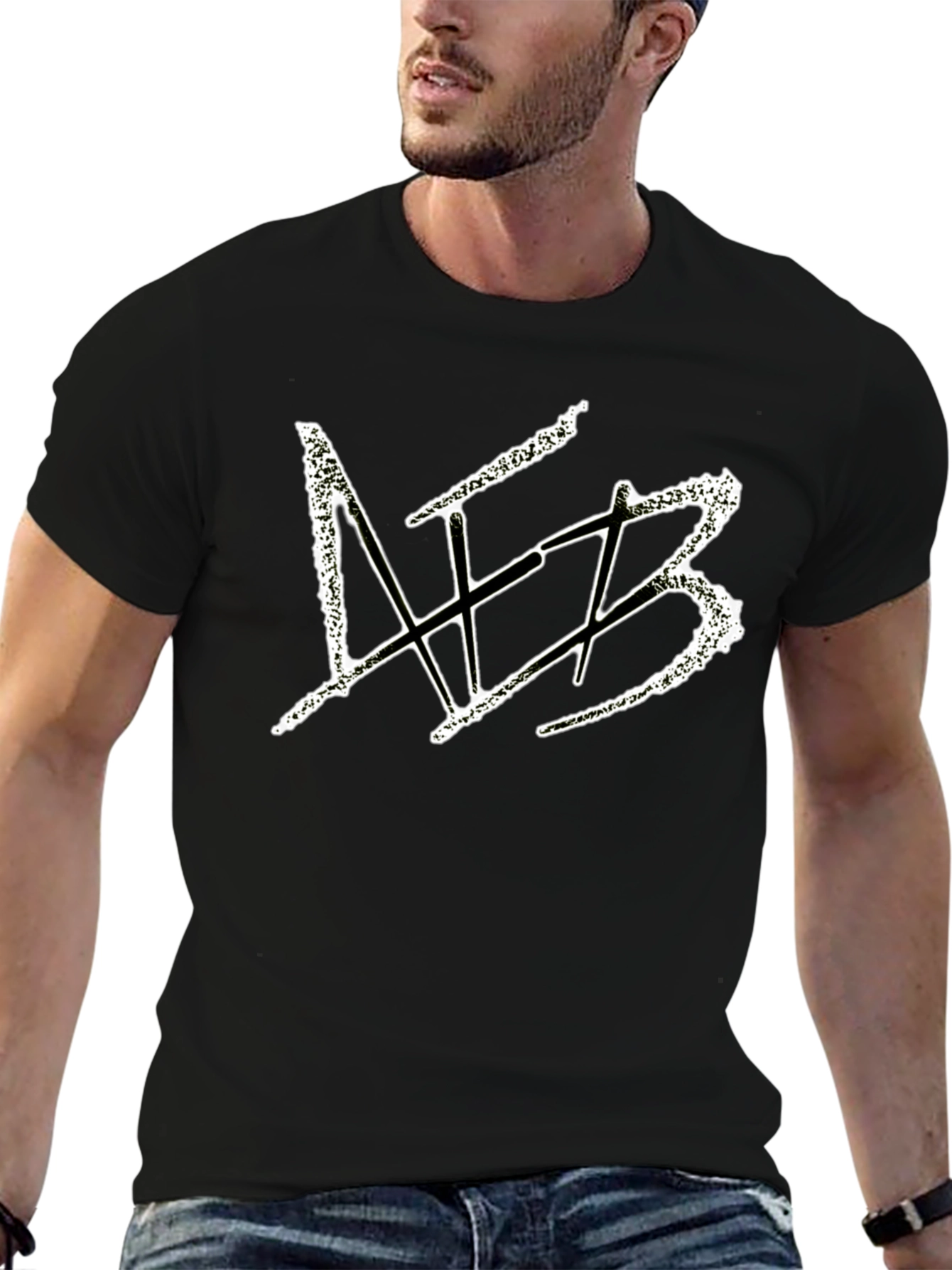 Black Men's Black Graphic Tee - Distressed White Design view 6