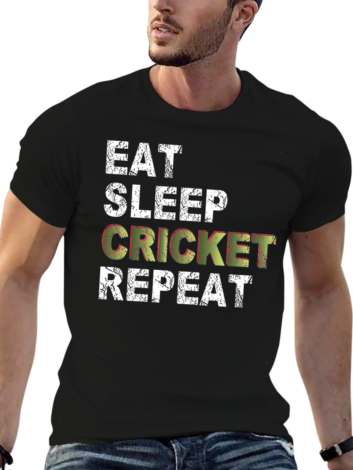 Black Eat Sleep Cricket Repeat T-Shirt Black Cotton Casual Tee view 6