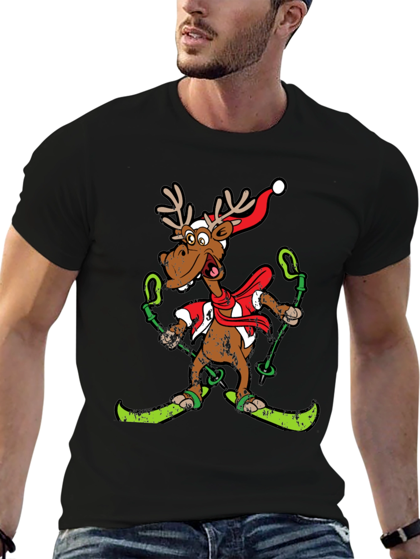 Black Funny Skiing Reindeer Christmas Graphic Tee view 6