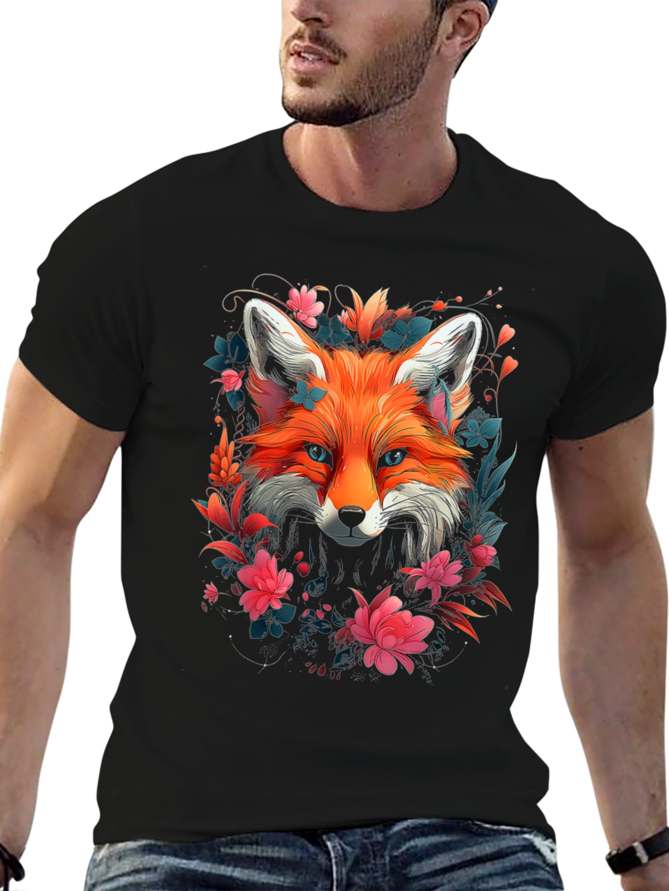Black Floral Fox Graphic Tee - Stylish Unisex T-Shirt view 6