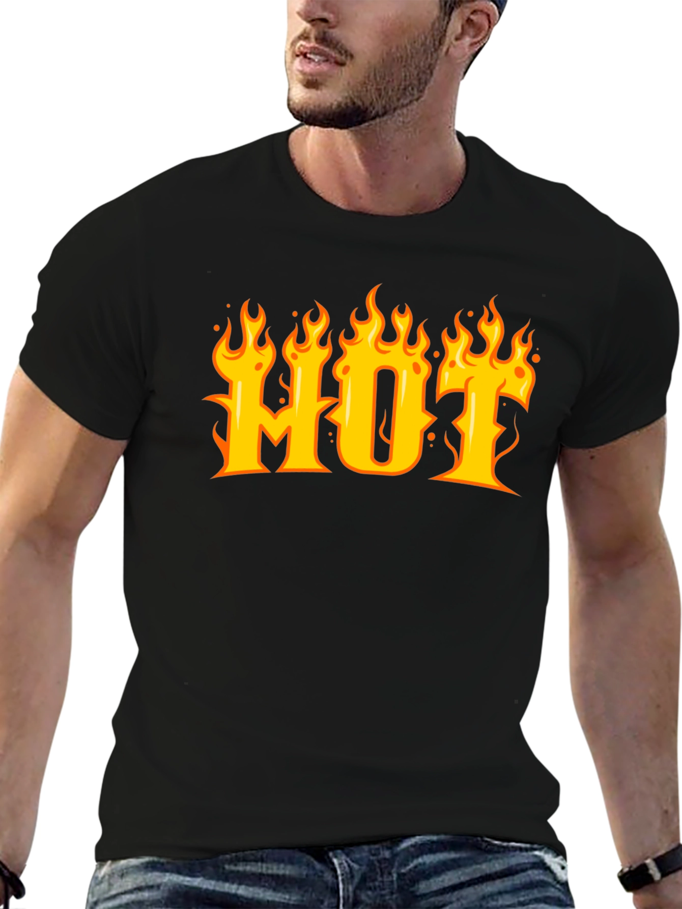 Black HOT Flame Graphic T-Shirt - Black Cotton Tee view 6