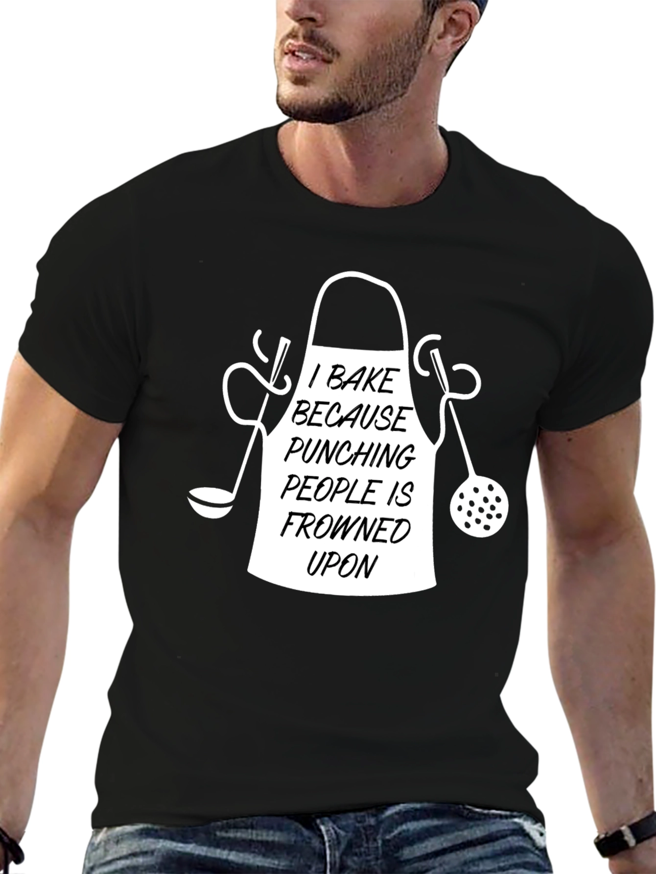 Black I Bake Because Punching People T-Shirt Funny Chef Tee view 6