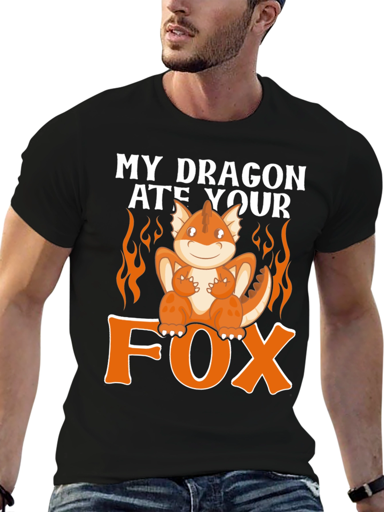 Black My Dragon Ate Your Fox Funny T-Shirt view 6
