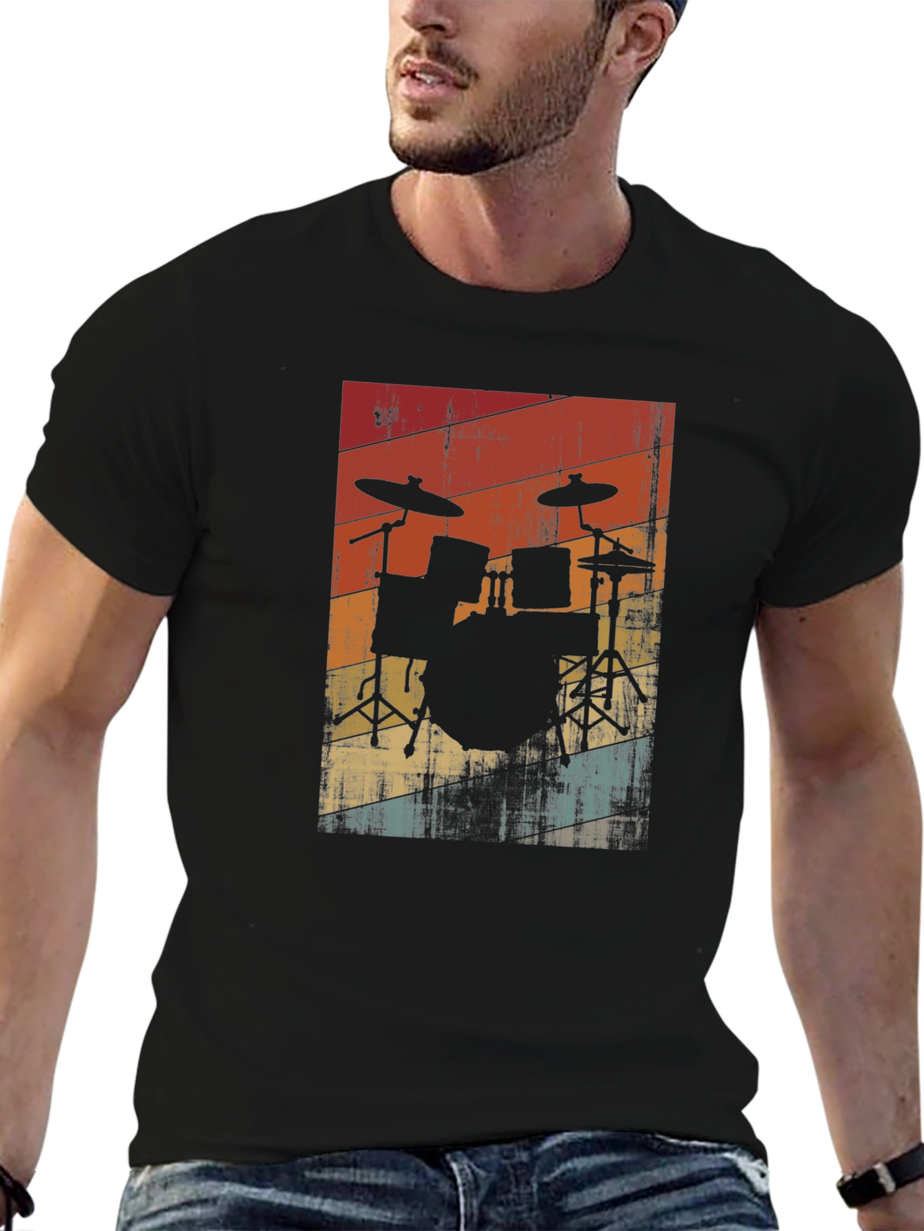 Black Retro Drum Set Graphic Tee - Black view 6