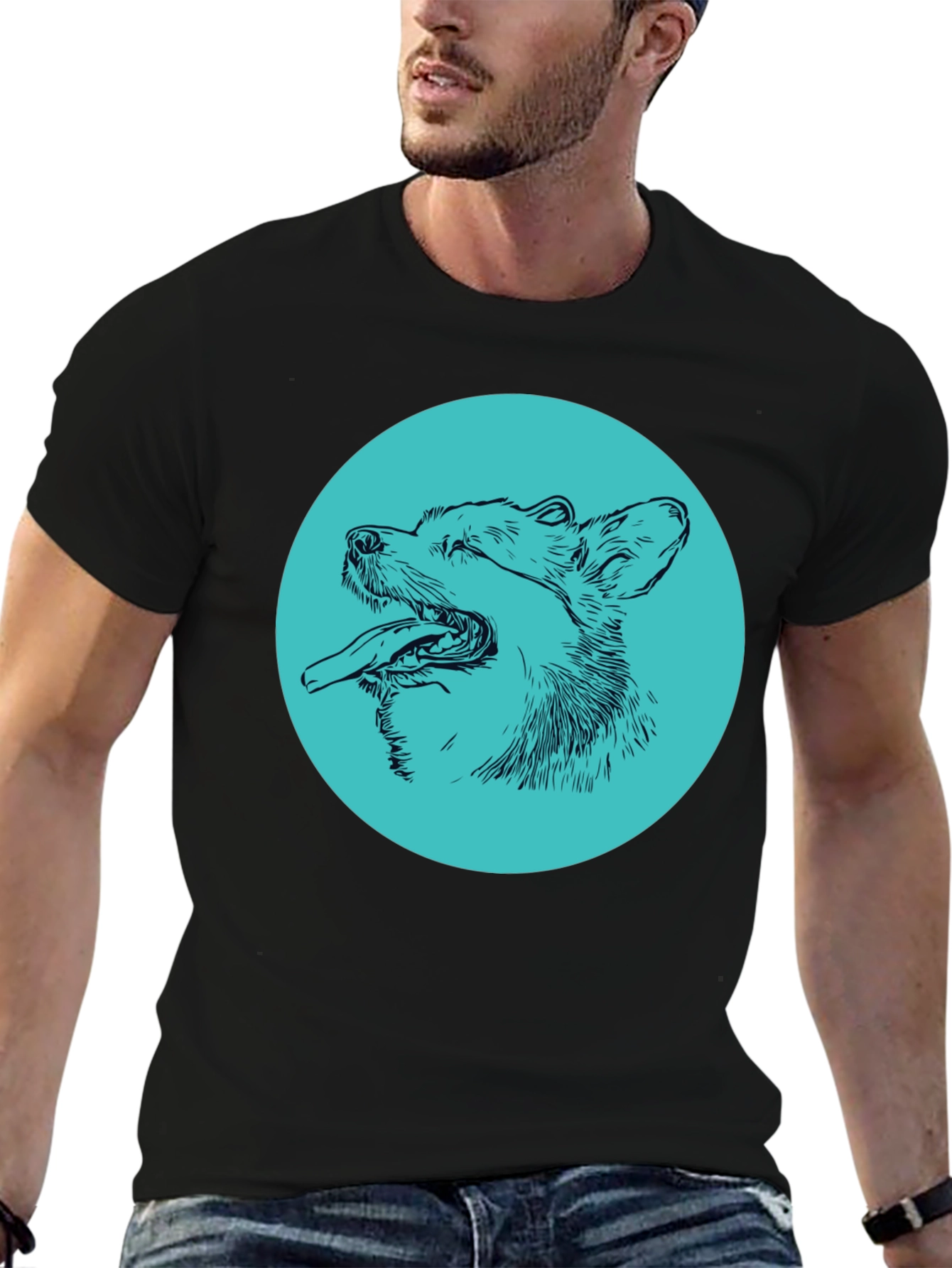 Dog Sketch Graphic Tee - Cool Aqua Print on Black Shirt - 6