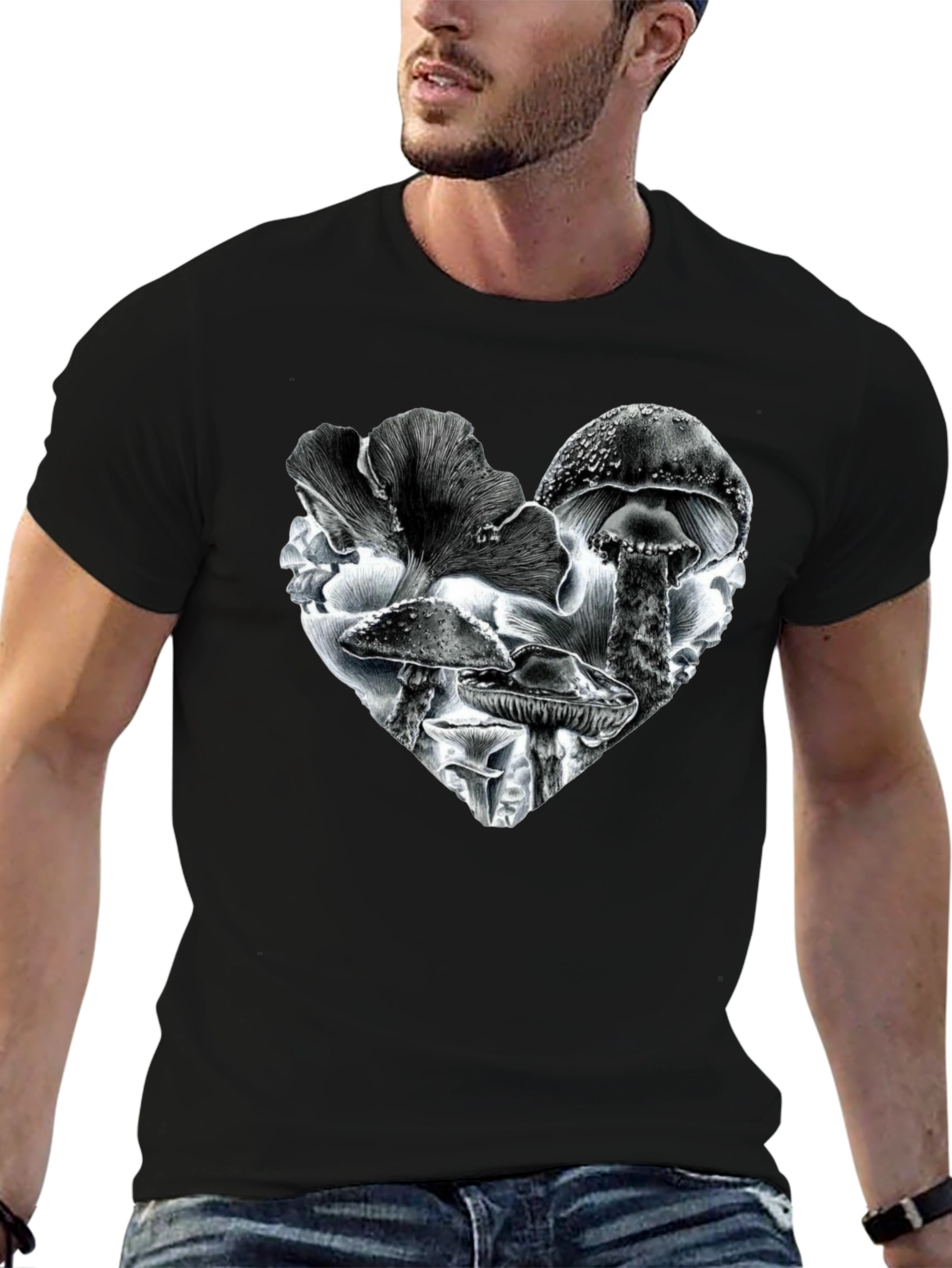 Black Mushroom Heart Black T-Shirt view 6