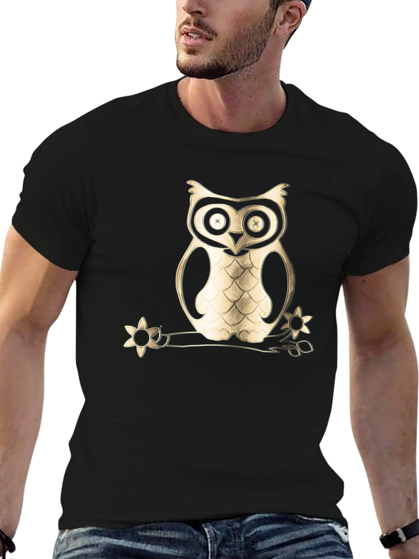 Black Owl on Branch Graphic Tee - Black Cotton Blend view 6