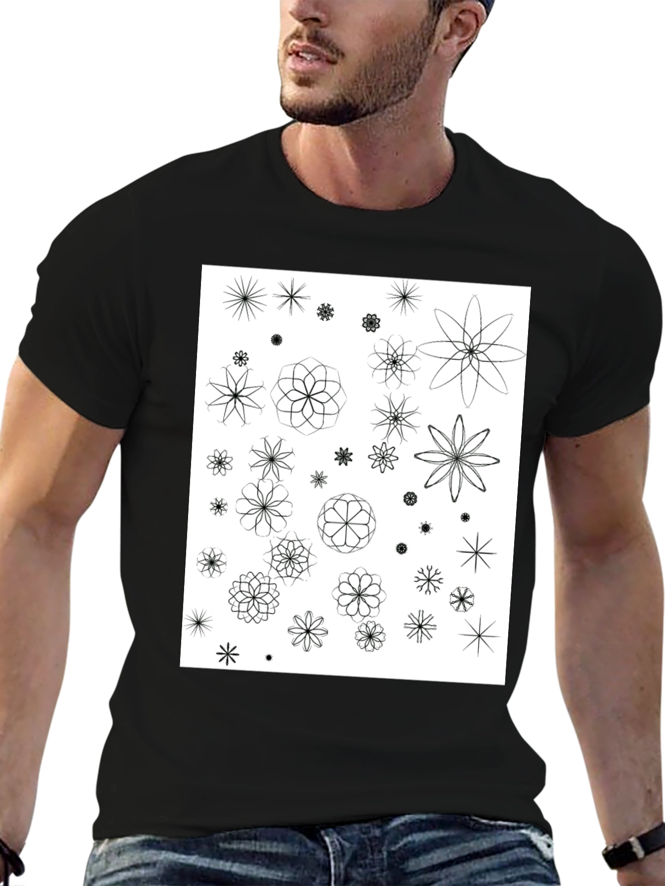 Black Floral Pattern Black T-Shirt | Trendy Men's Tee view 6