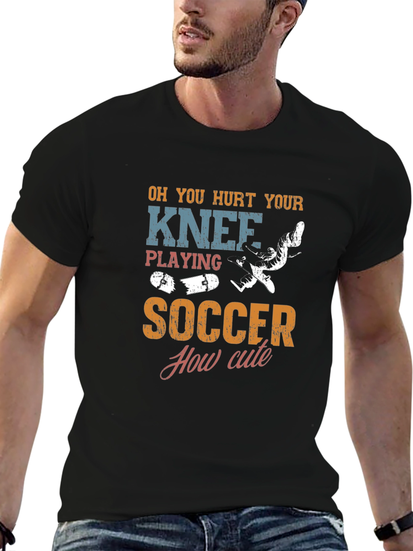 Black Funny Hurt Knee Soccer Graphic Tee view 6
