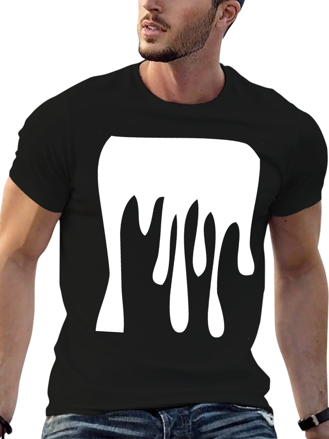 Black Dripping Paint Graphic Tee - Modern Black Cotton T-Shirt view 6