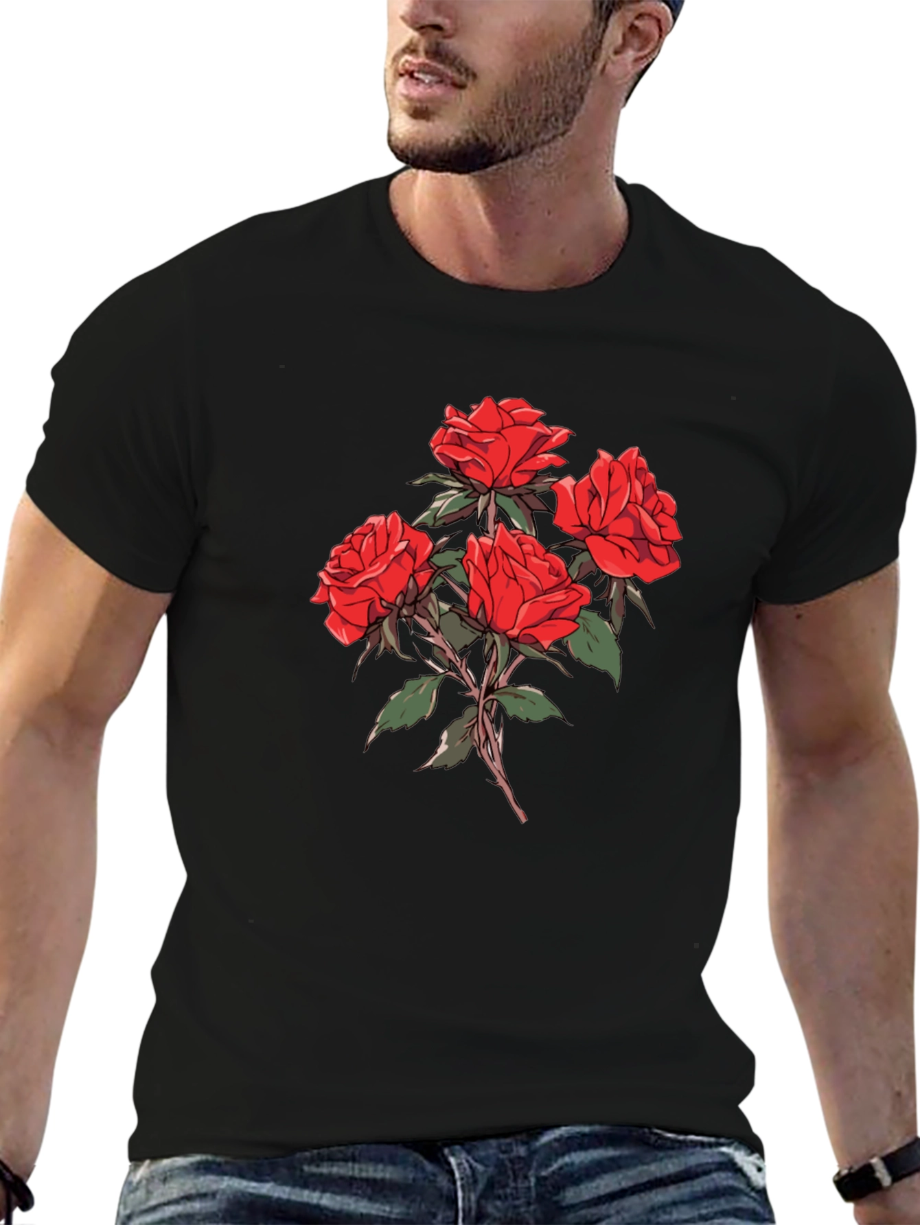 Black Men's Black Rose Graphic T-Shirt view 6