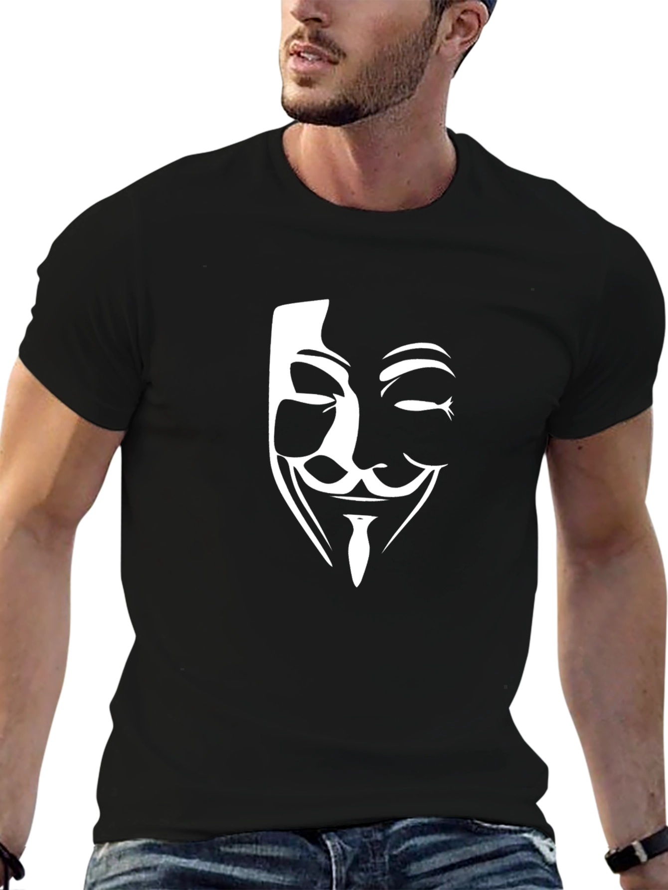 Black Anonymous Mask Graphic Tee - Black Crew Neck T-Shirt view 6