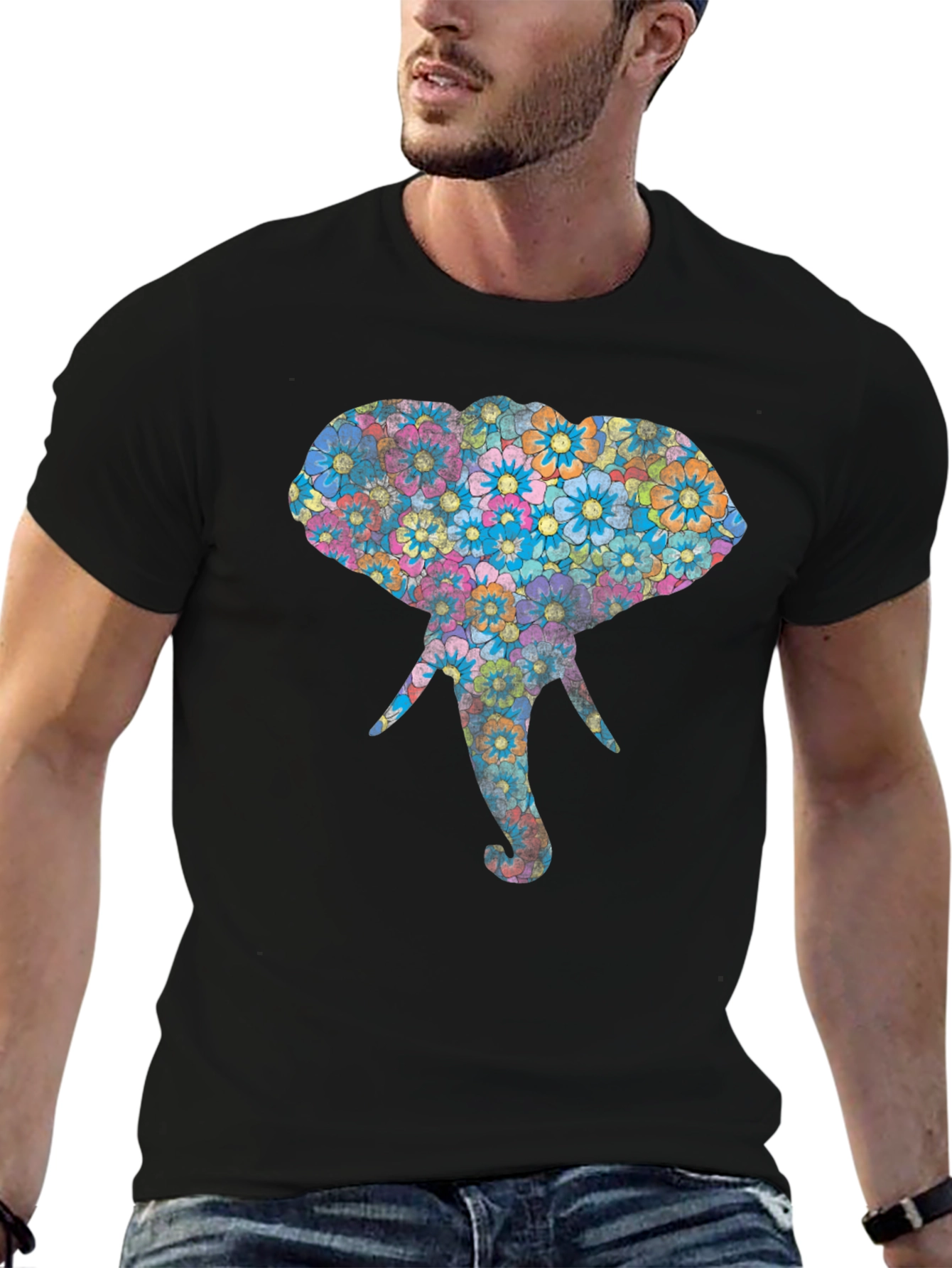 Black Floral Elephant Graphic Print Black T-Shirt view 6