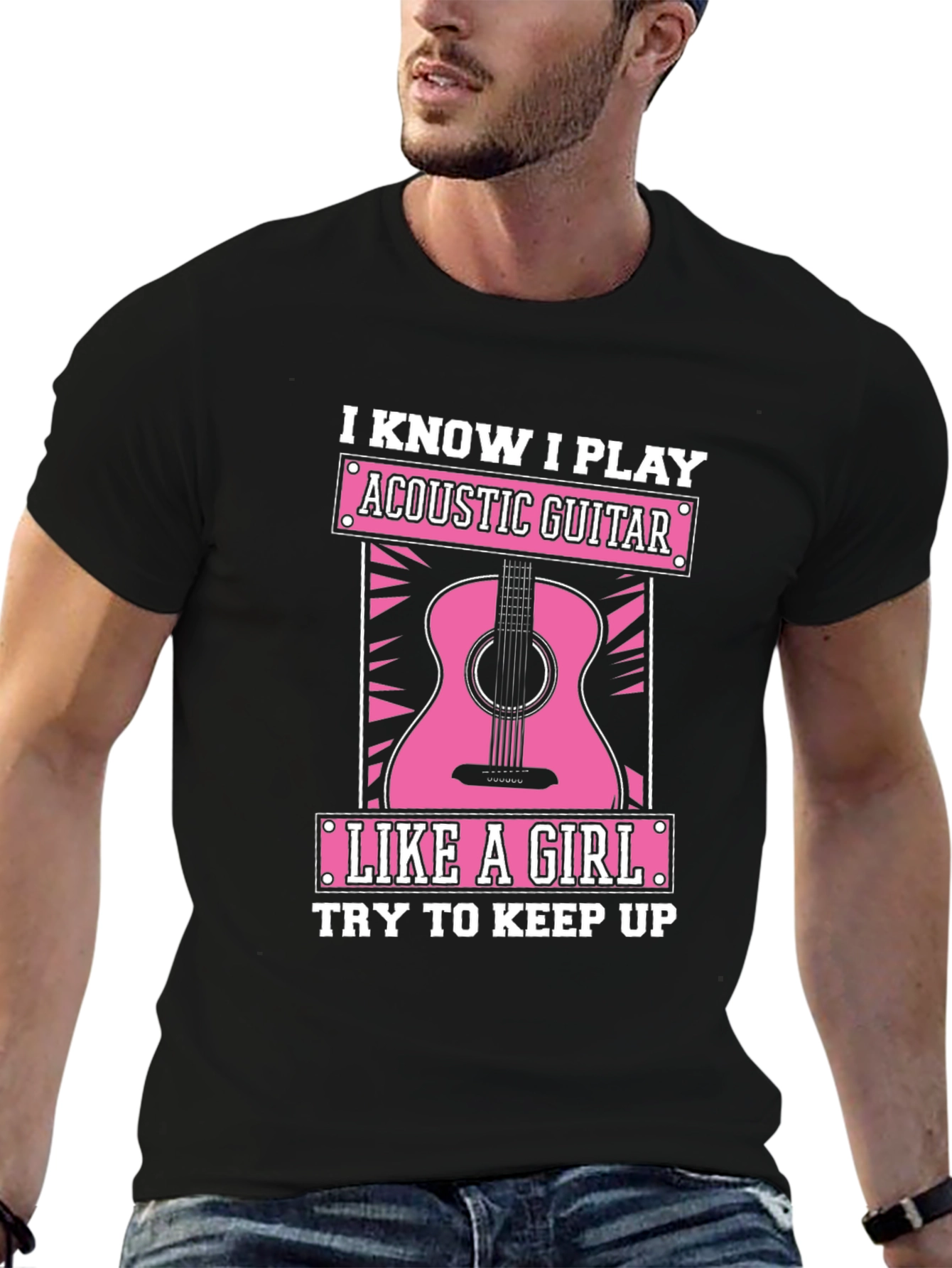 Black Acoustic Guitar Like a Girl Black T-Shirt view 6