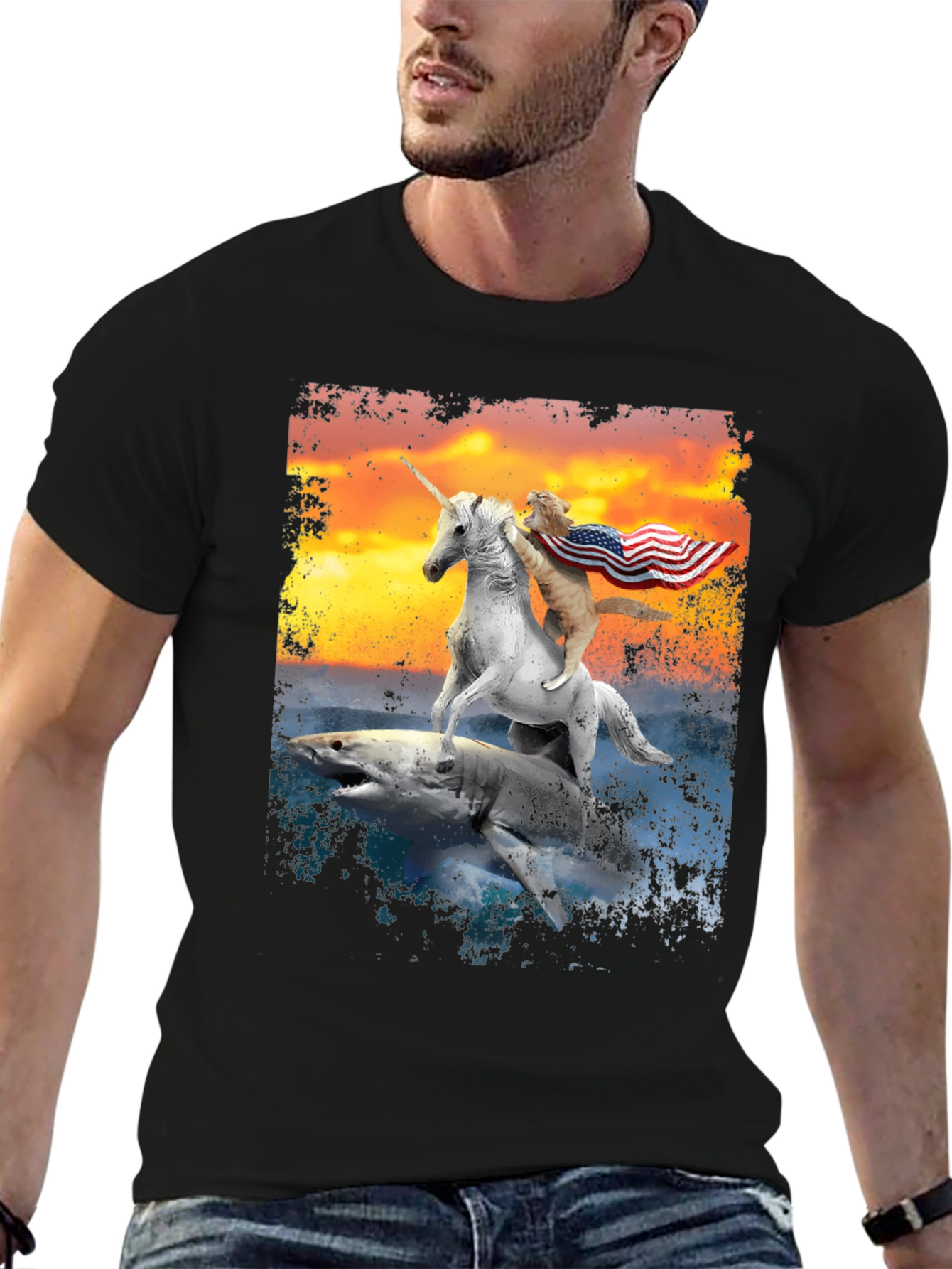 Black Cat Riding Unicorn on Shark T-Shirt view 6