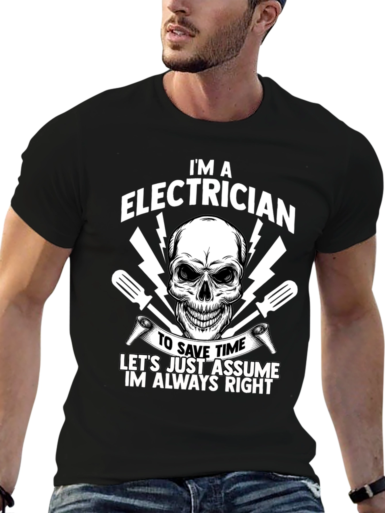 Black Electrician Humor T-Shirt - Always Right Skull Tee view 6