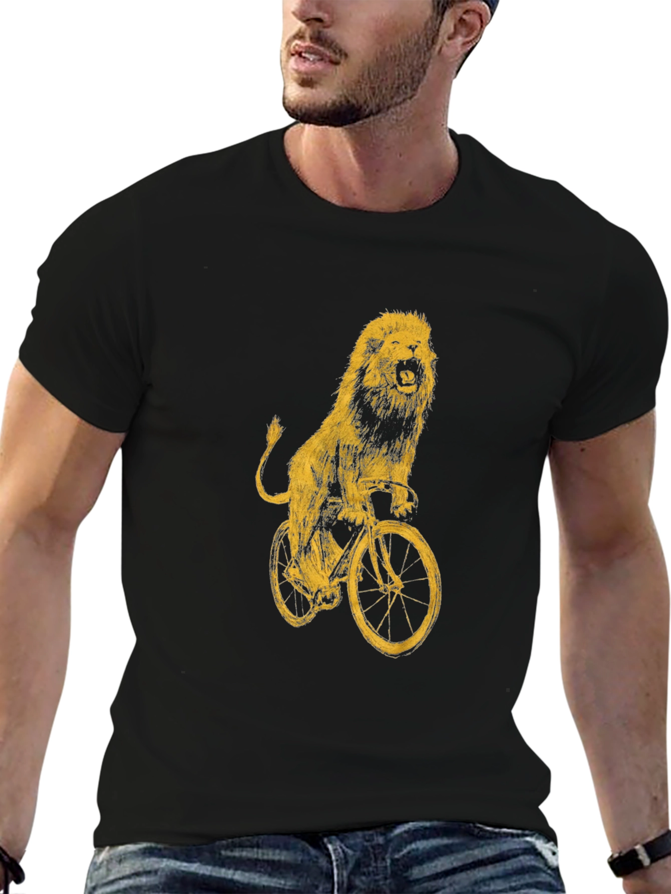 Black Lion on Bike Graphic Tee - Black Cotton T-Shirt view 6