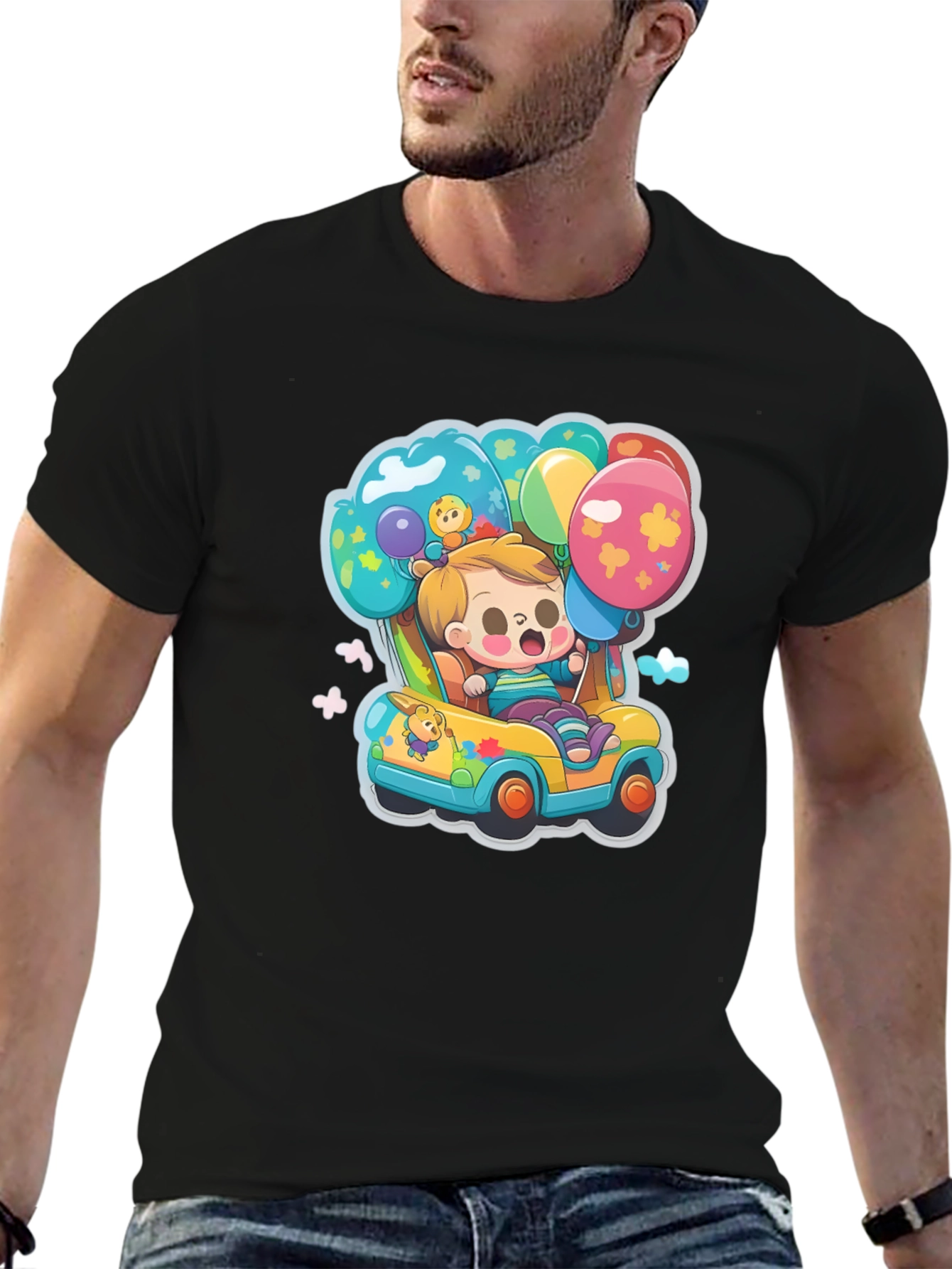 Black Cartoon Car & Balloons Graphic T-Shirt view 6