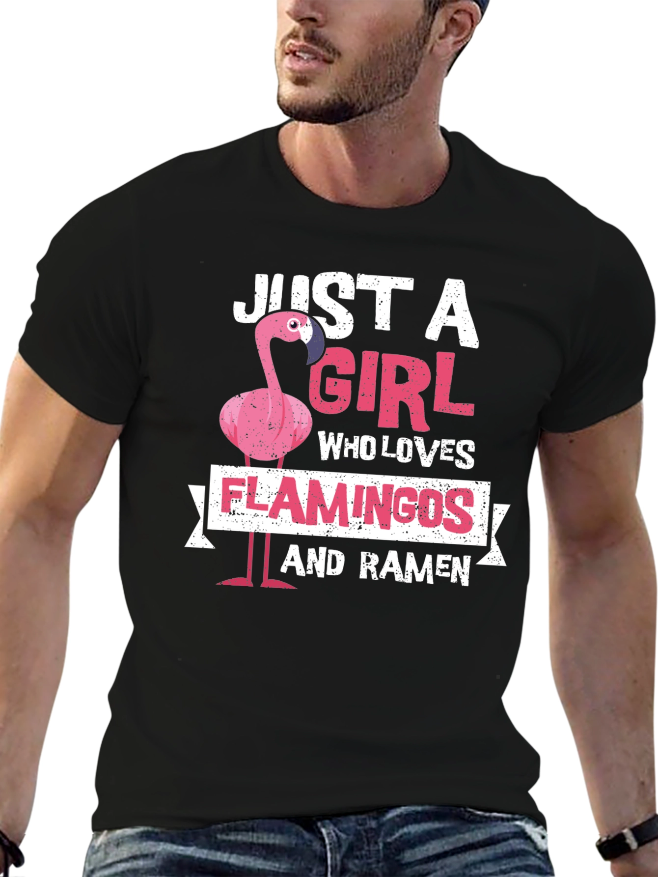 Black Just A Girl Who Loves Flamingos and Ramen T-Shirt view 6