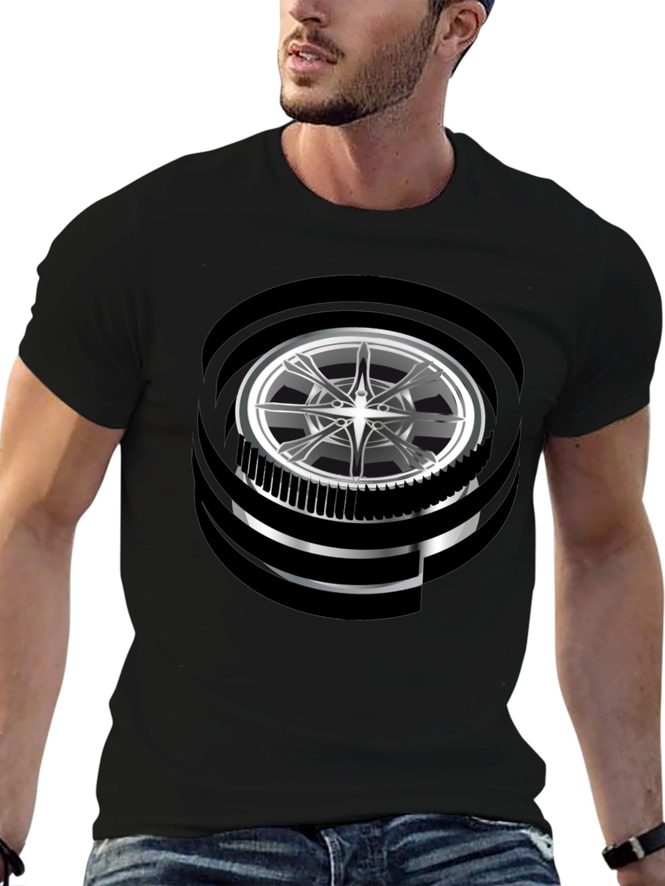 Black Modern Graphic Wheel Design Black T-Shirt view 6