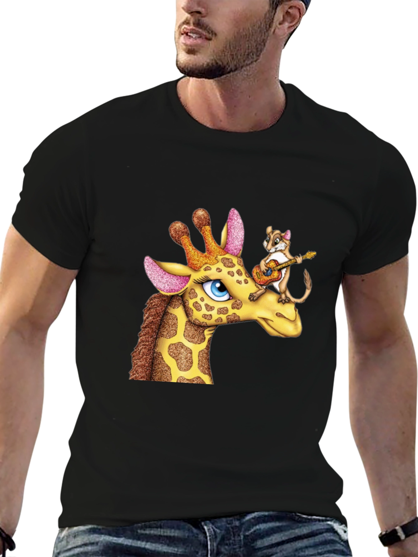 Black Giraffe & Squirrel Cartoon Graphic Black T-Shirt view 6