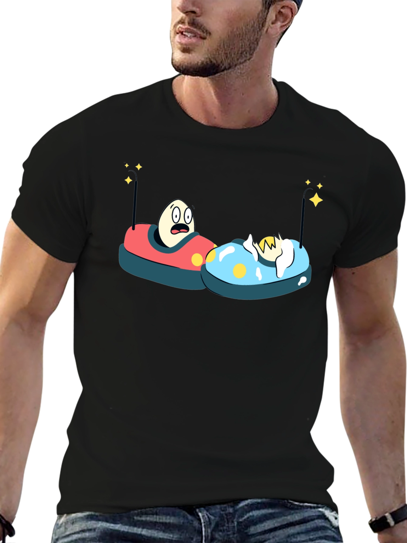 Black Bumper Car Eggs T-Shirt - Fun Cartoon Graphic Tee view 6