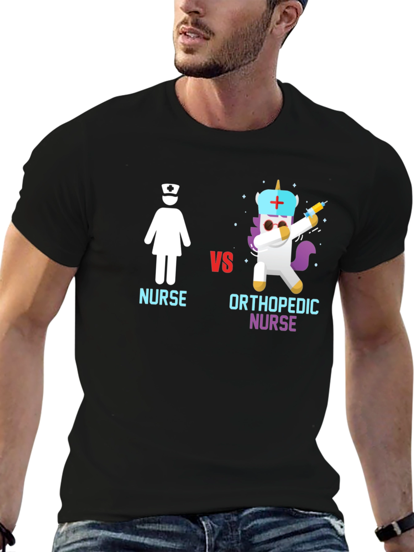 Black Nurse vs Orthopedic Nurse T-Shirt - Black Cotton Tee view 6
