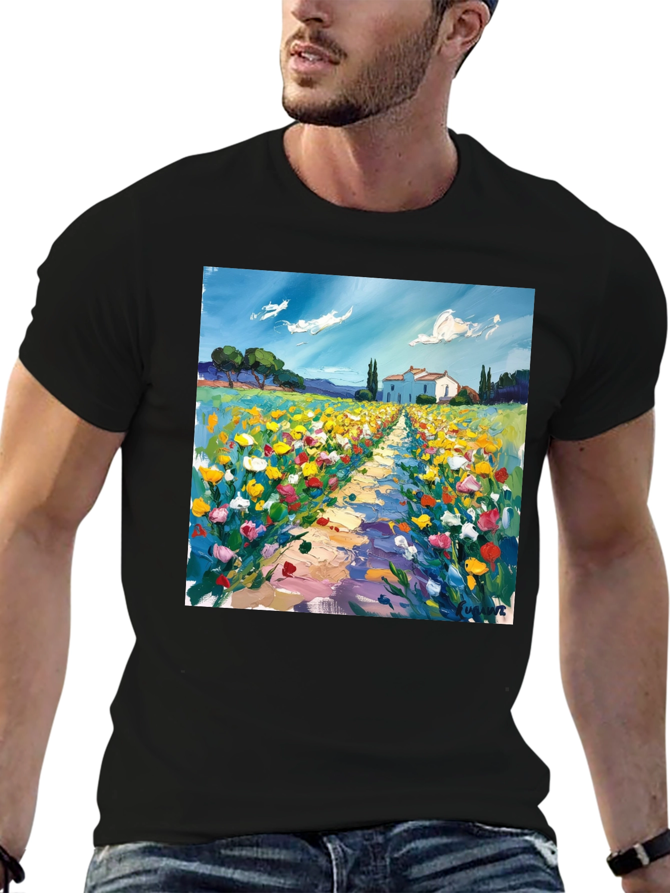 Black Artistic Landscape Print T-Shirt view 6