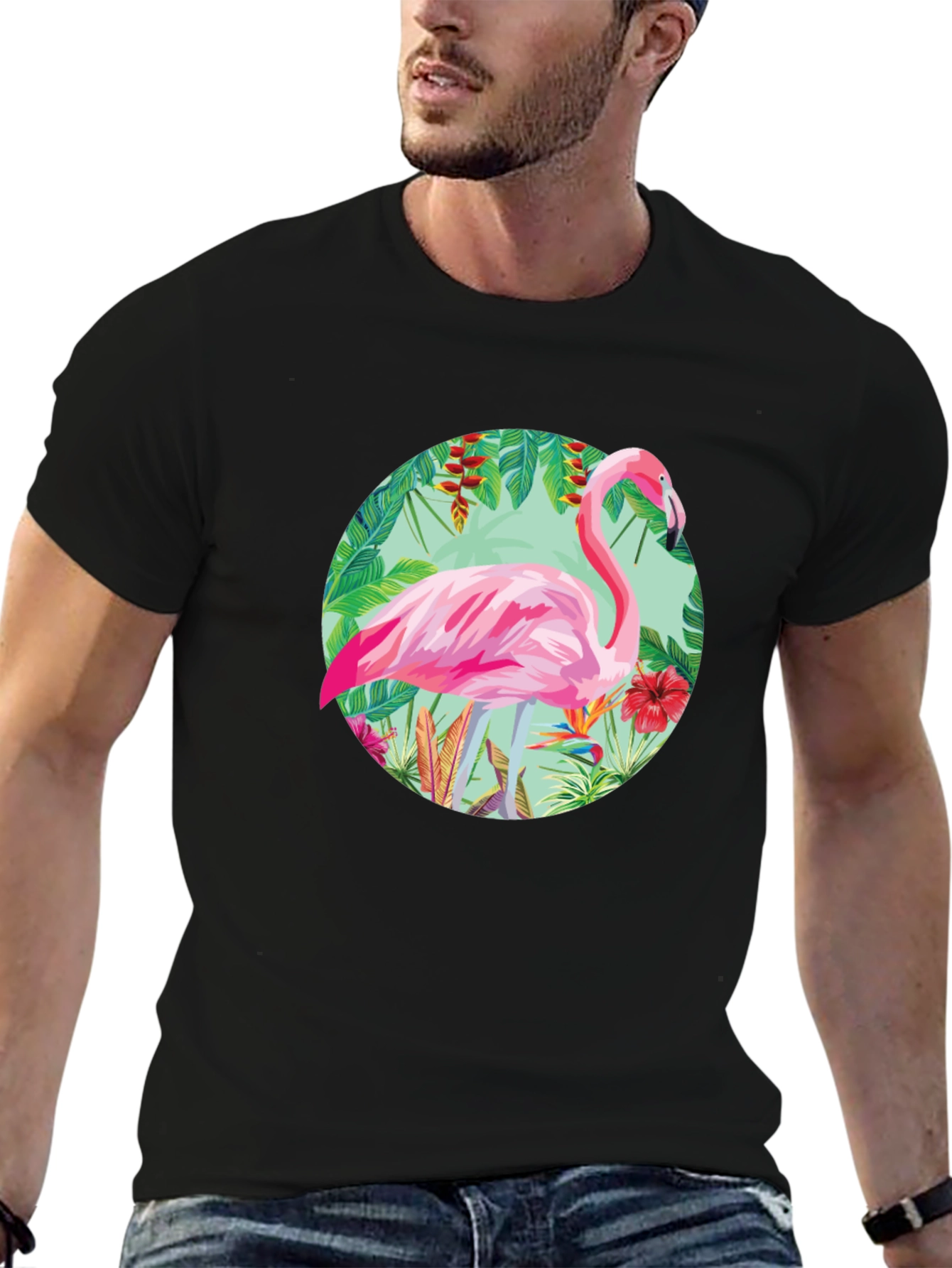 Black Tropical Flamingo Graphic Tee - Stylish Men's T-Shirt view 6